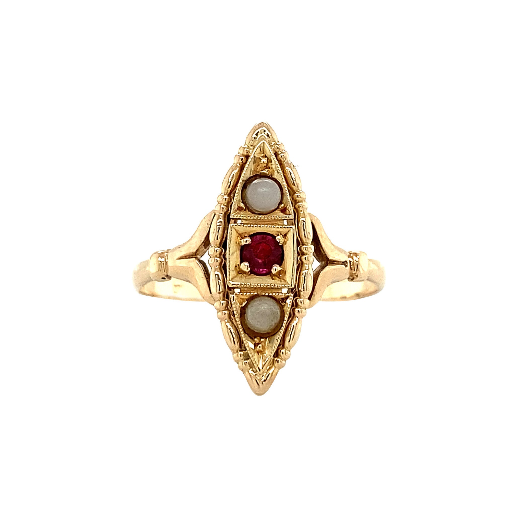 Gold ring with pearl and ruby 14 krt