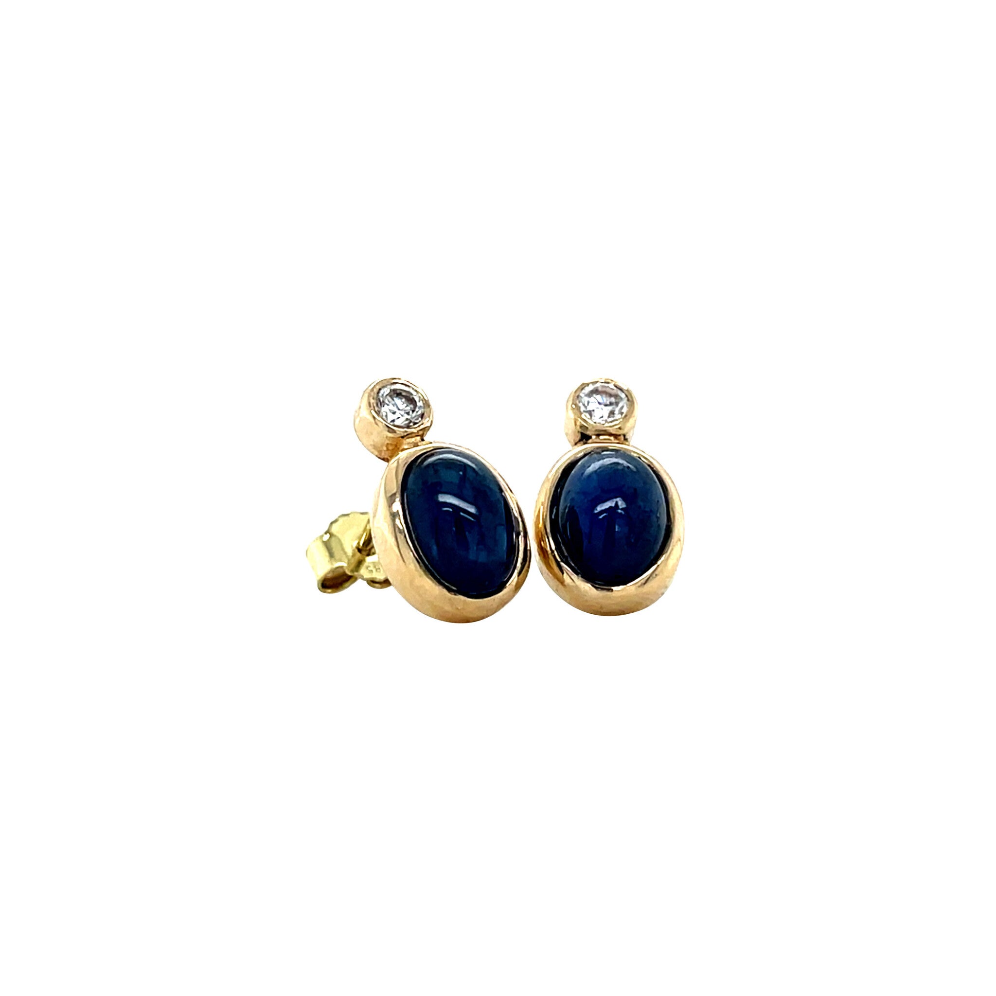 Gold vintage stud earrings with sapphire and moissanite, 14 kt