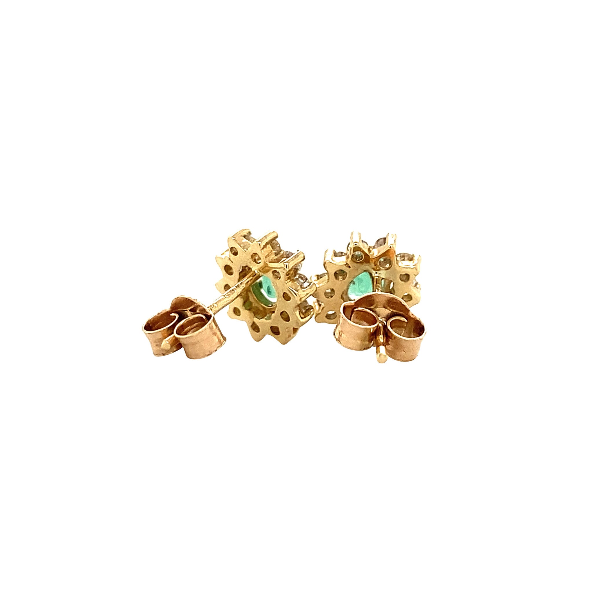 Gold entourage stud earrings with natural emerald and diamond 14 kt