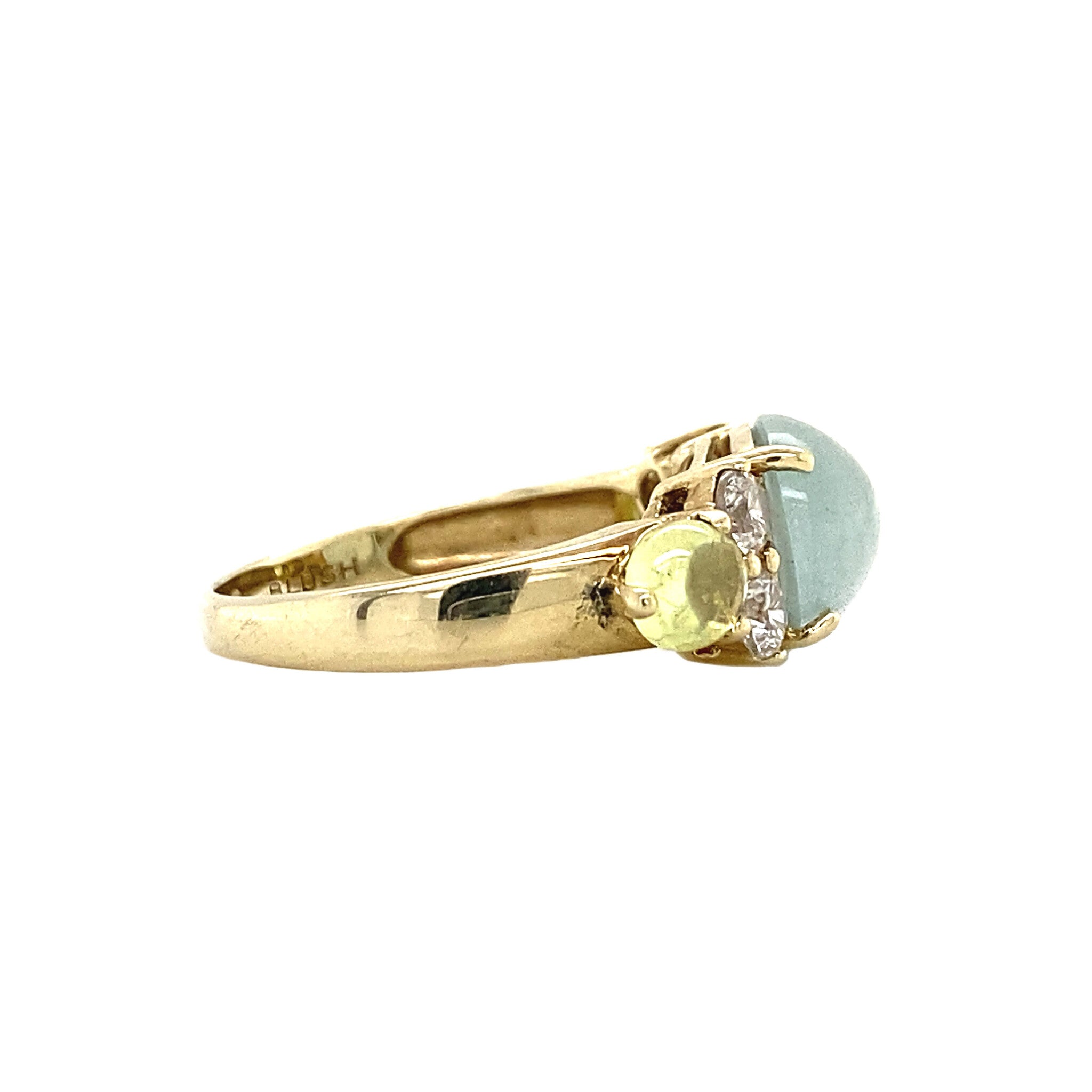 Gouden ring met maansteen, zirkonia en glas 14 krt