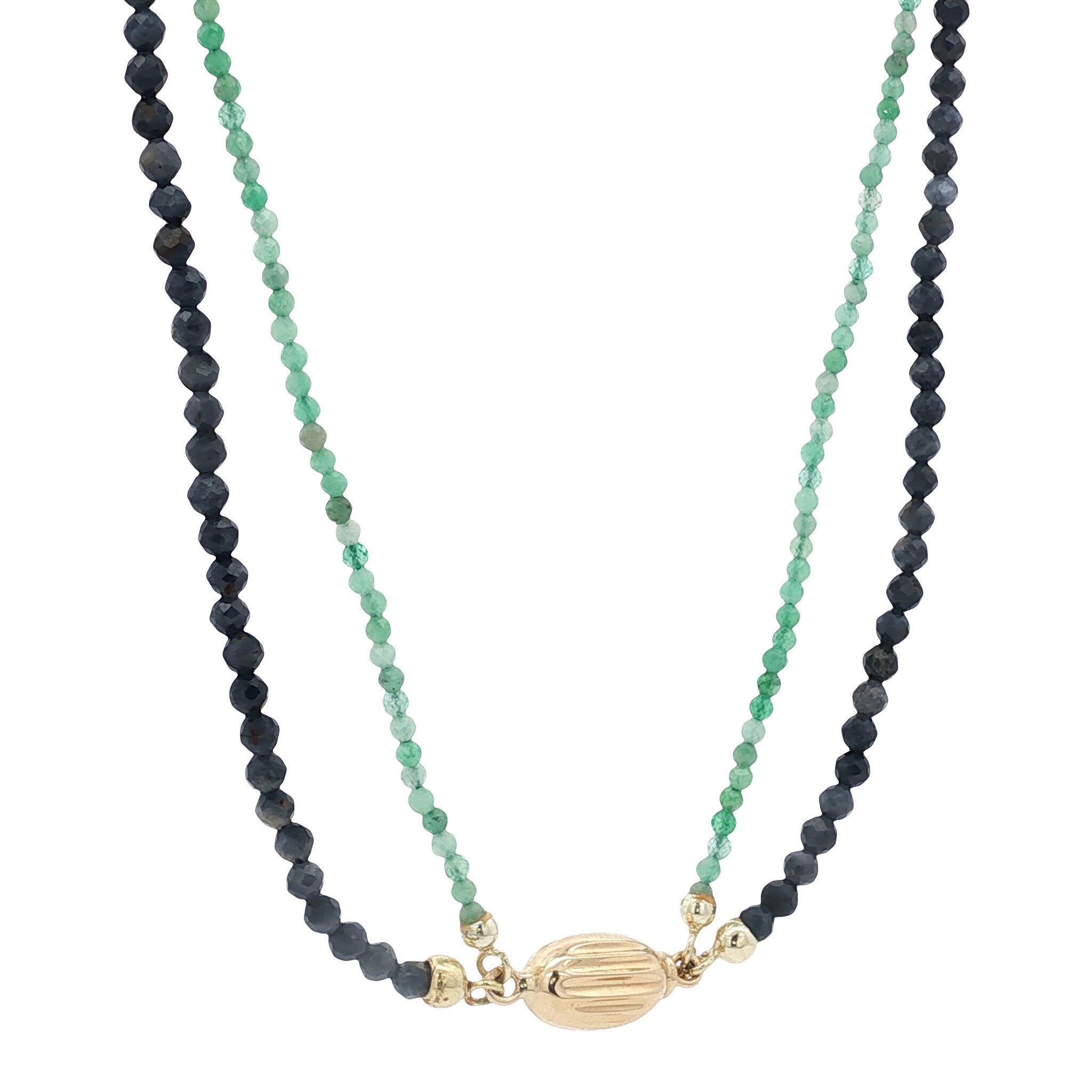 Vintage sapphire and emerald necklace with 14 kt gold clasp