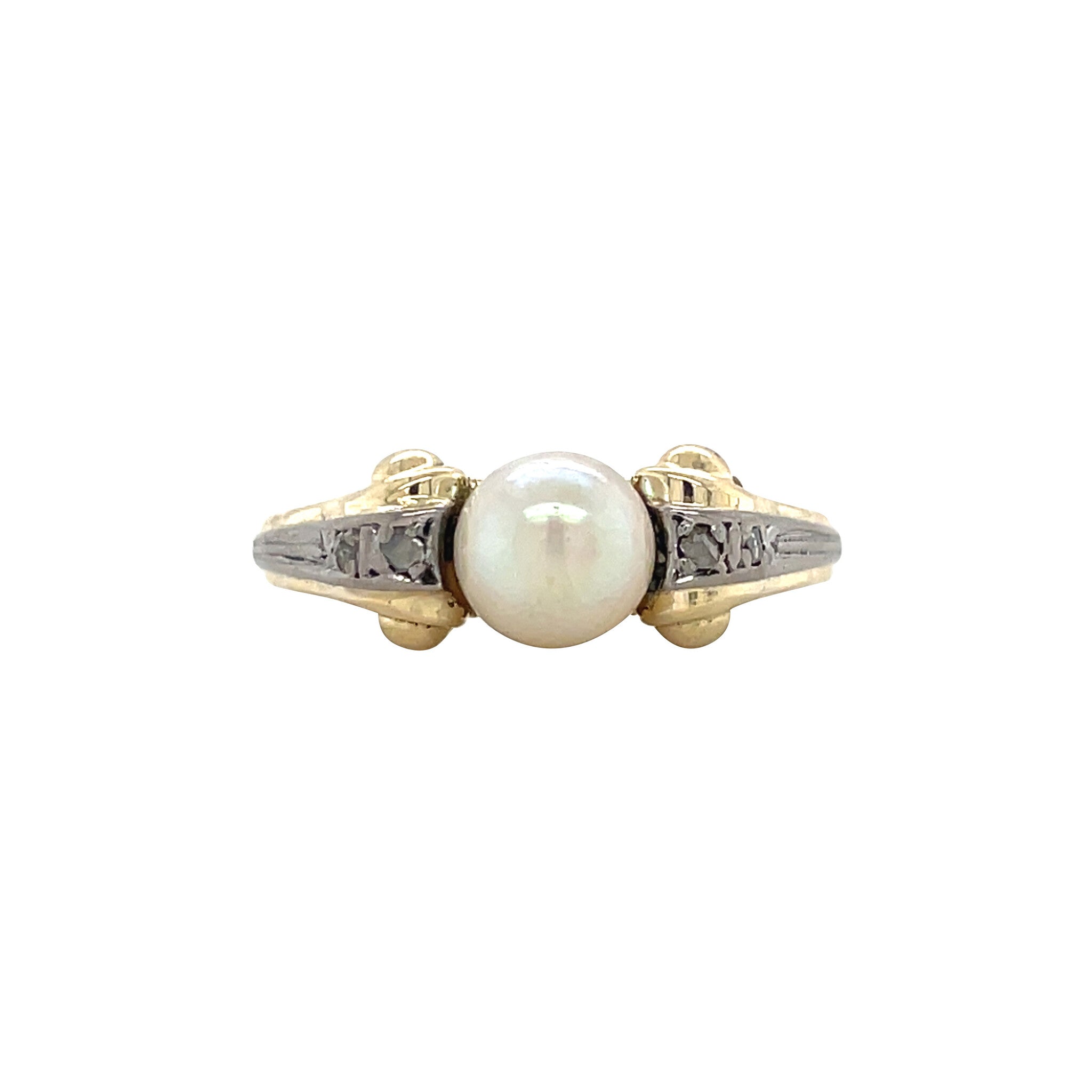 Gouden vintage ring met parel en diamant 14 krt