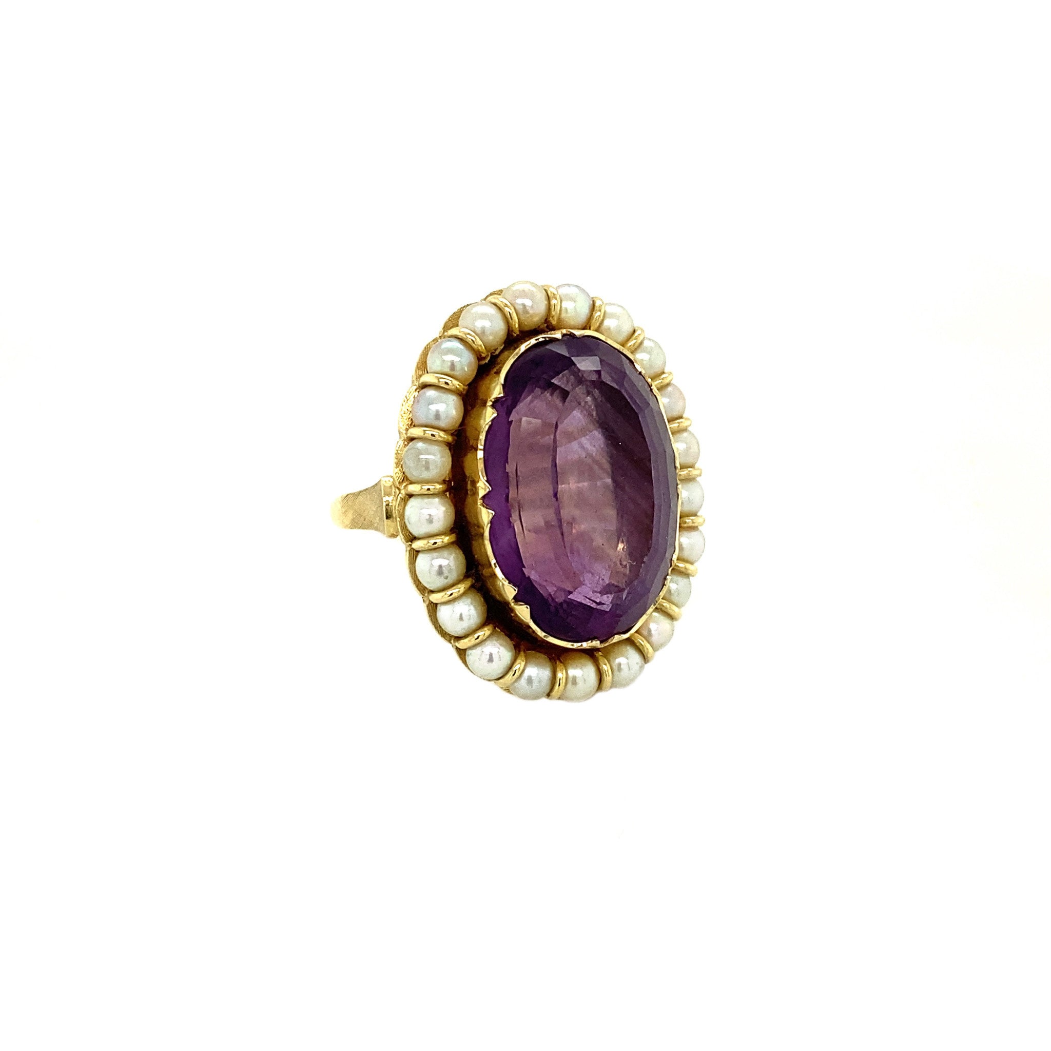 14 kt gold halo ring with amethyst and pearl
