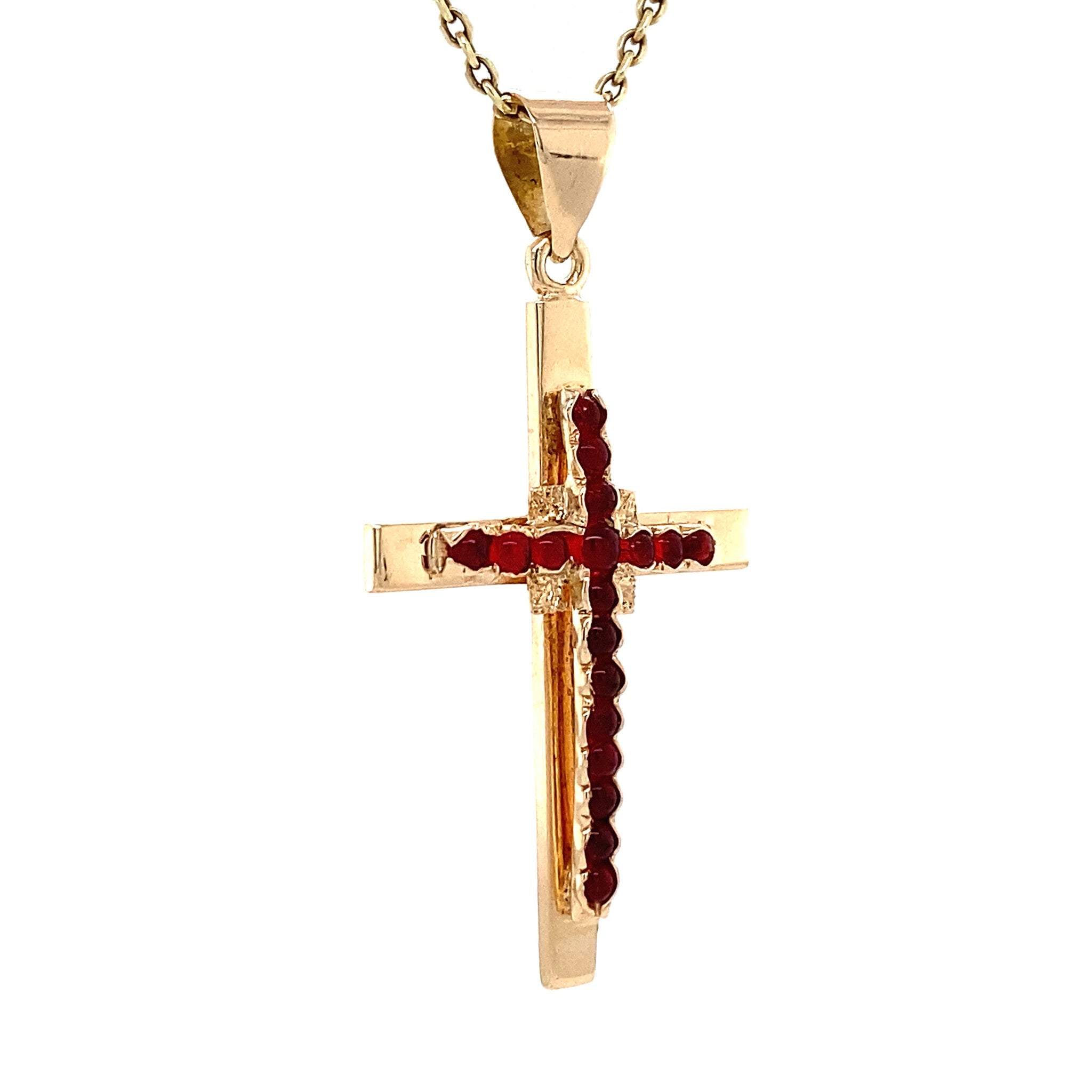 Gold cross pendant with glass garnet 14 krt