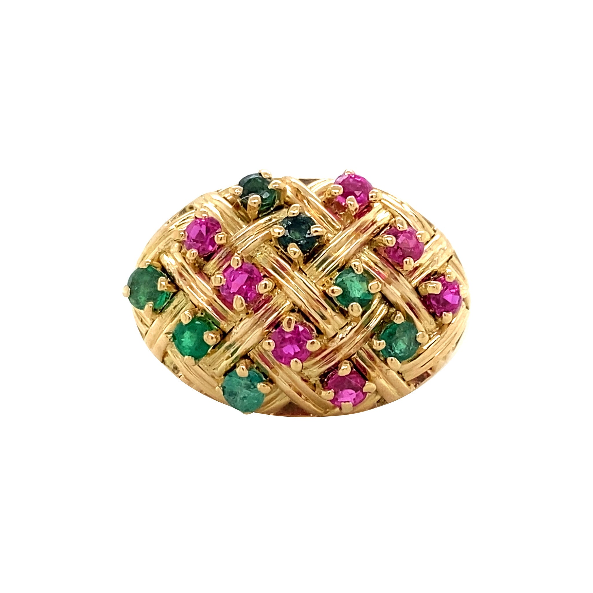 Gouden vintage ring met smaragd en robijn 18 krt