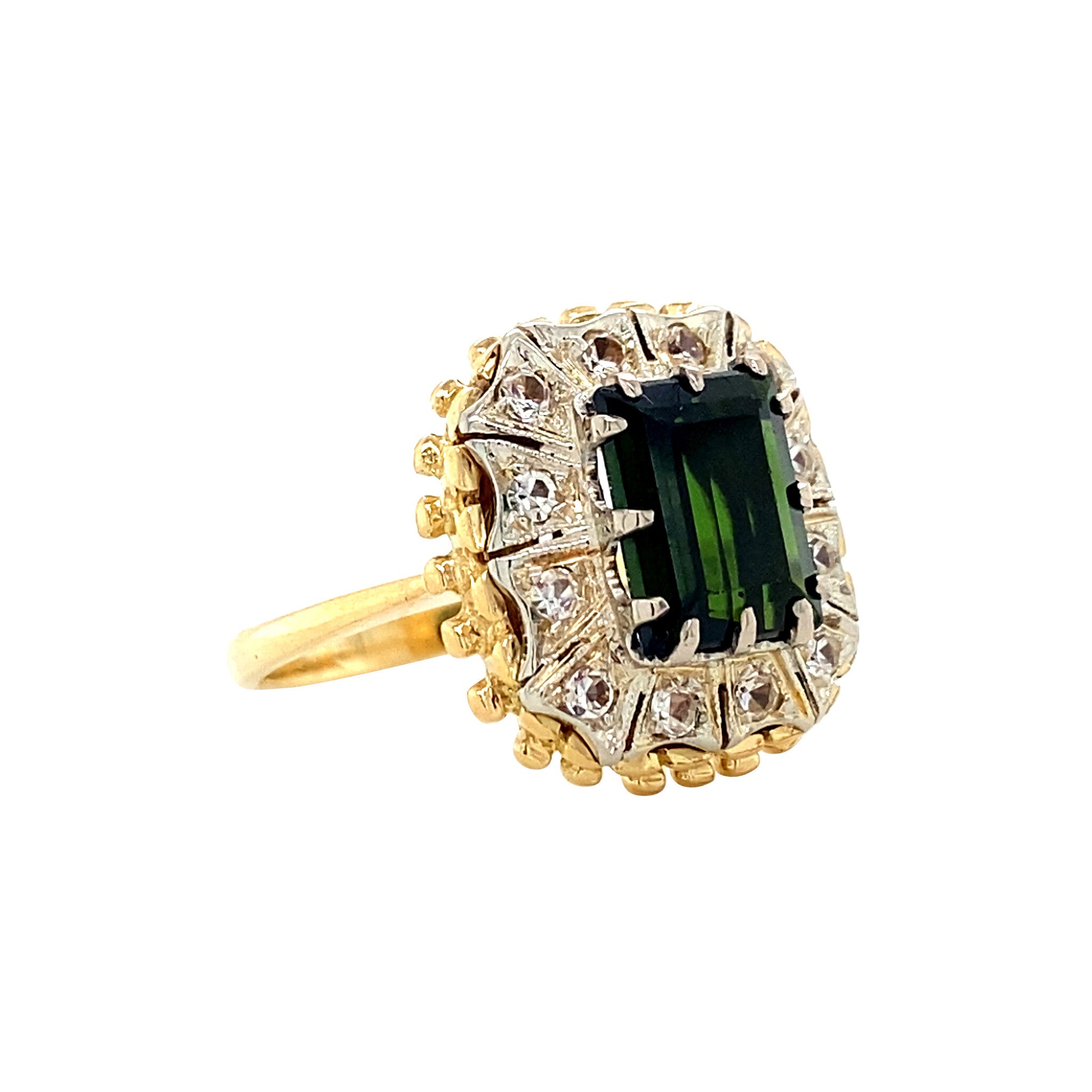 Gouden vintage entourage ring met toermalijn en spinel 18 krt