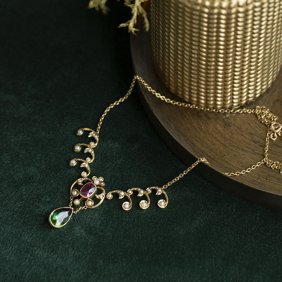 Gold choker with pearl and tourmaline 14 krt