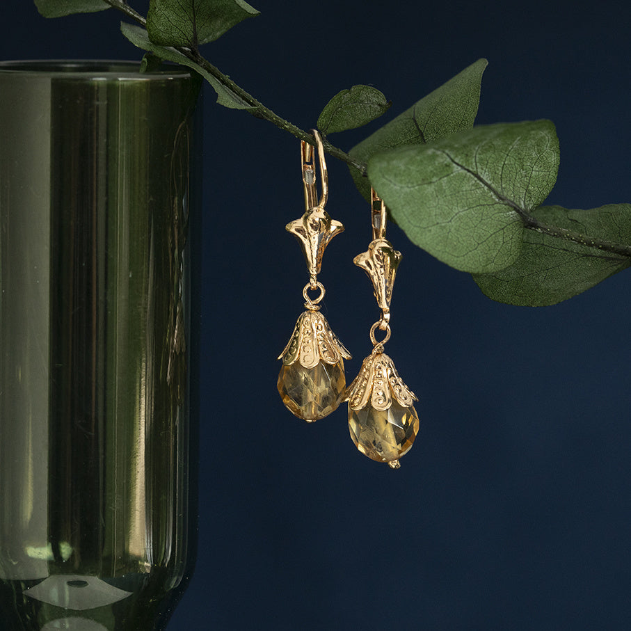 Gouden vintage oorhangers met citrien 18 krt