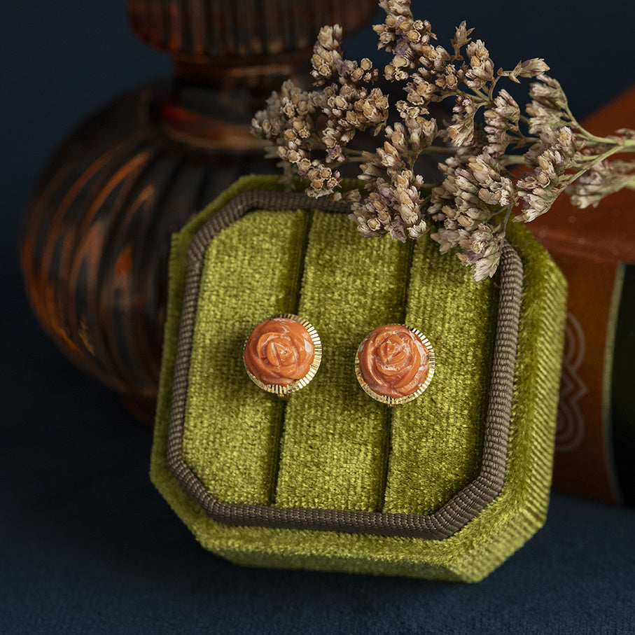 14 kt gold rose dangle earrings with colored stone