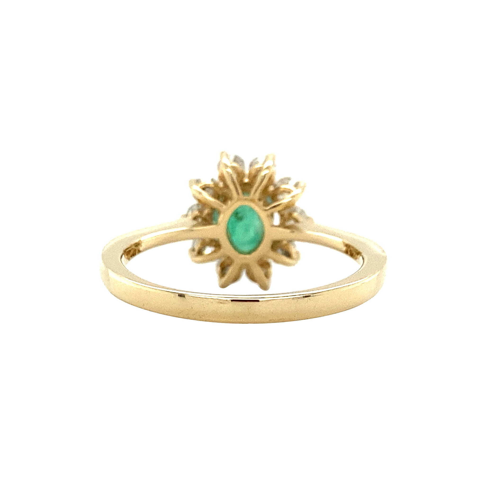 14 kt gold halo ring with emerald and diamond