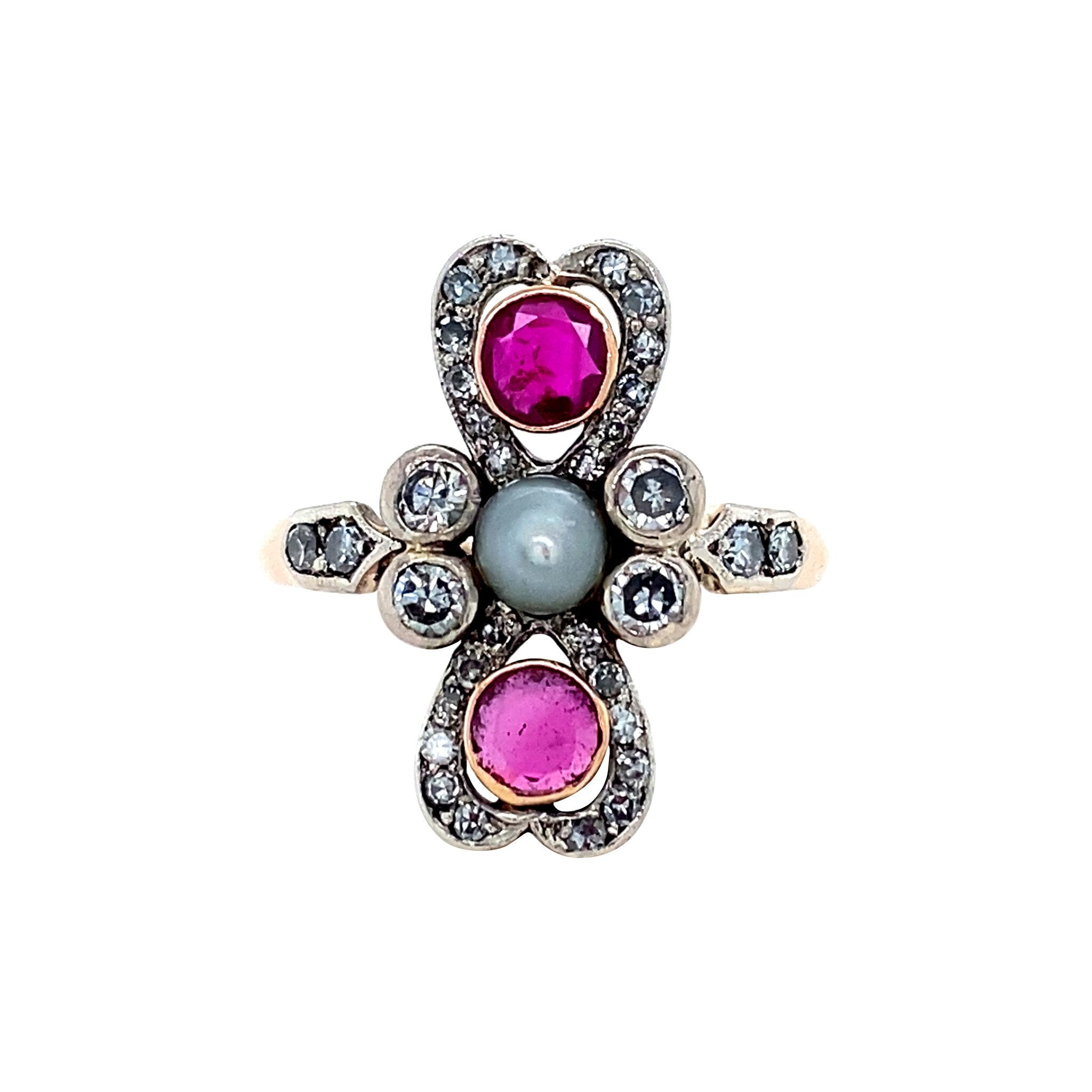 Rose-gold vintage princess ring with ruby, diamond and pearl, 14 kt