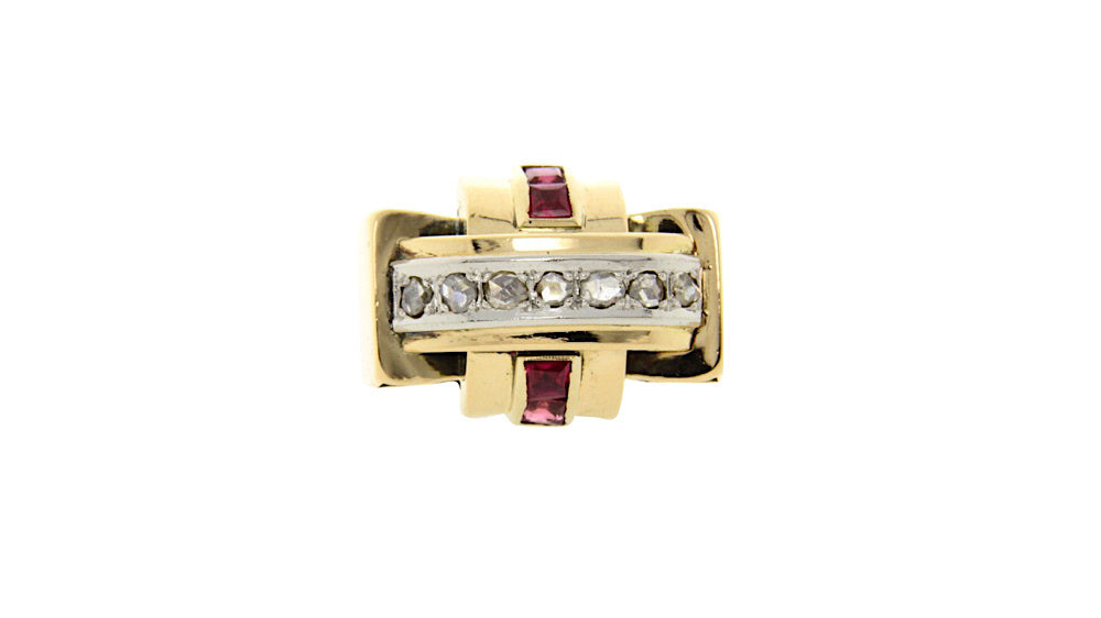 14 kt gold ring with rose-cut diamond and ruby