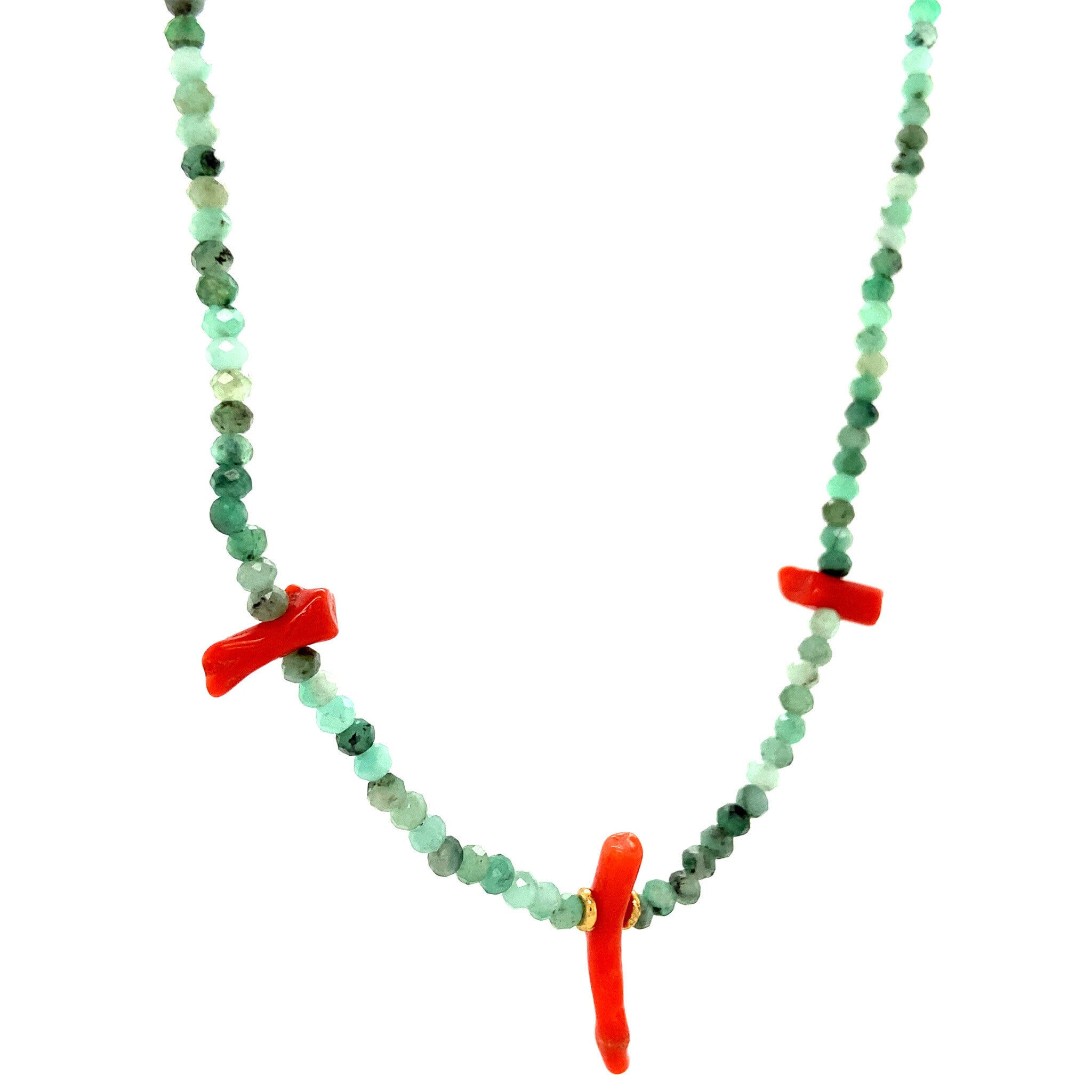 Emerald necklace with blood coral, 14 kt