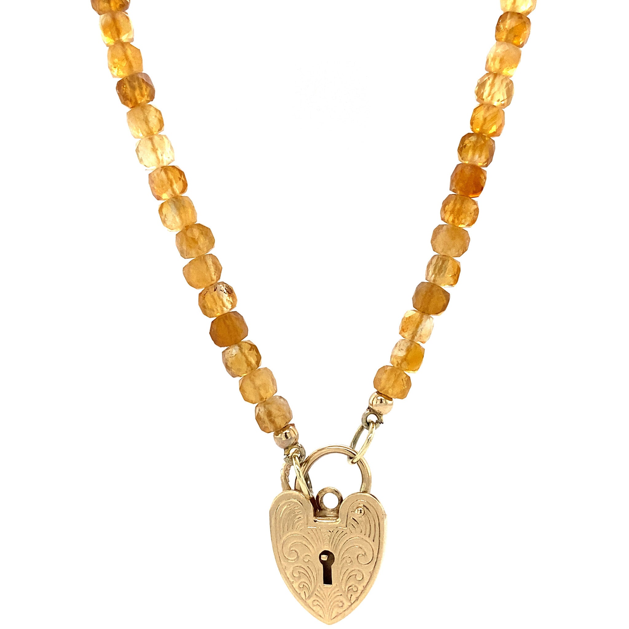 Citrine necklace with heart clasp 43 cm 9 krt