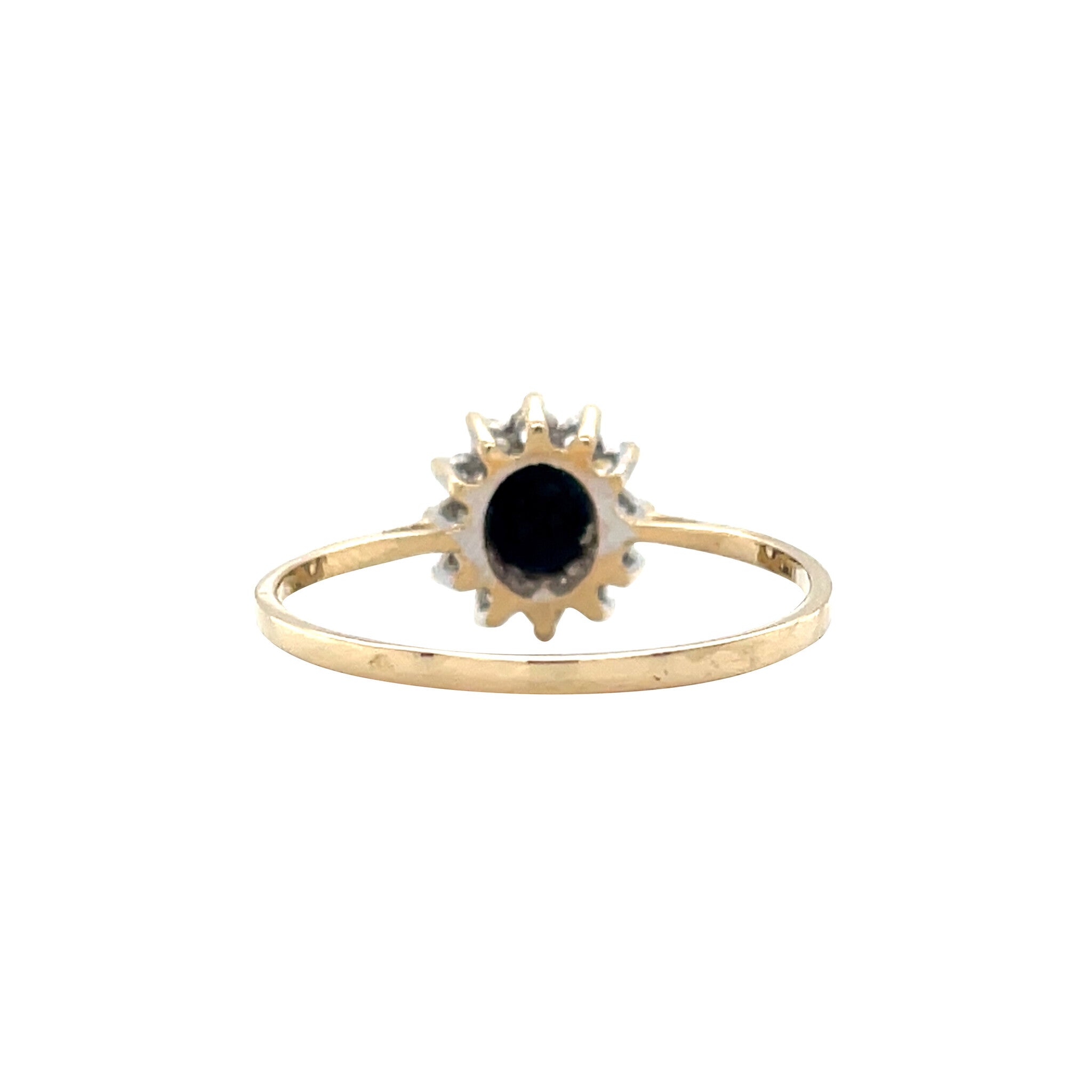 Gouden vintage entourage ring met saffier en moissaniet 14 krt