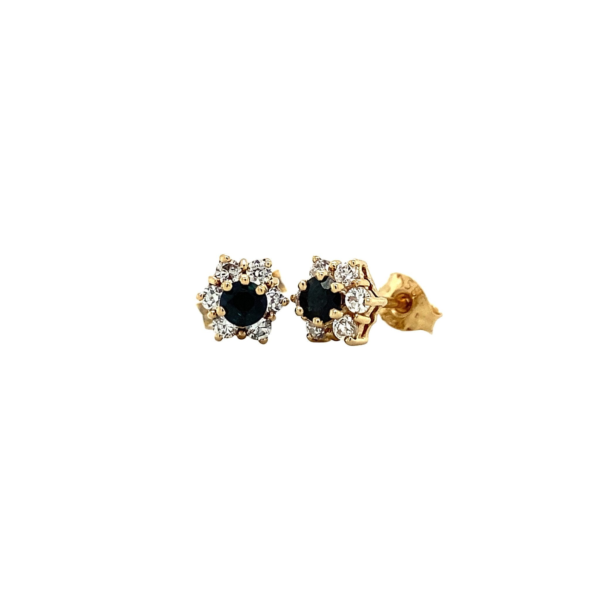 14 kt gold halo stud earrings with sapphire and cubic zirconia