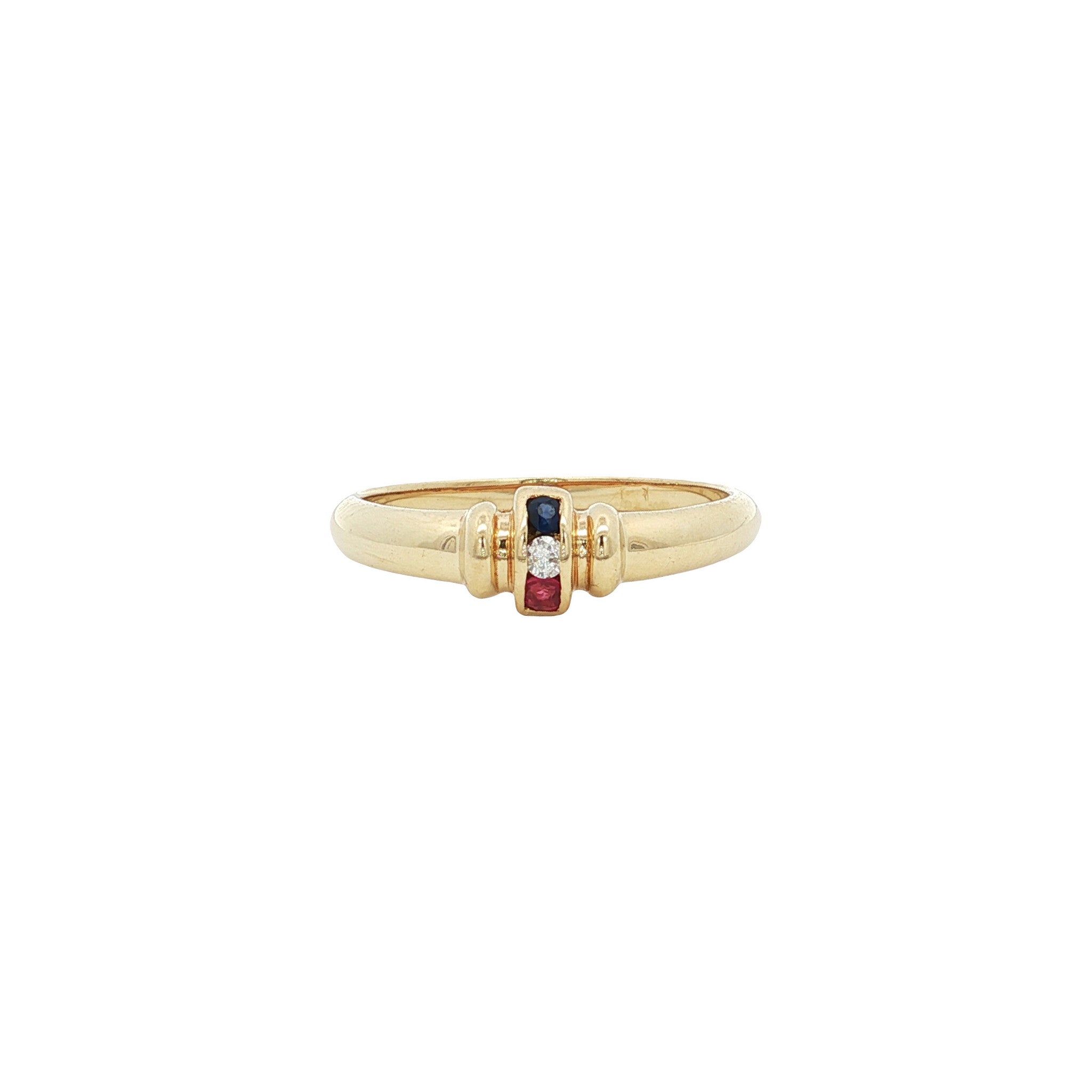Gold vintage ring with ruby, sapphire and diamond 14 kt