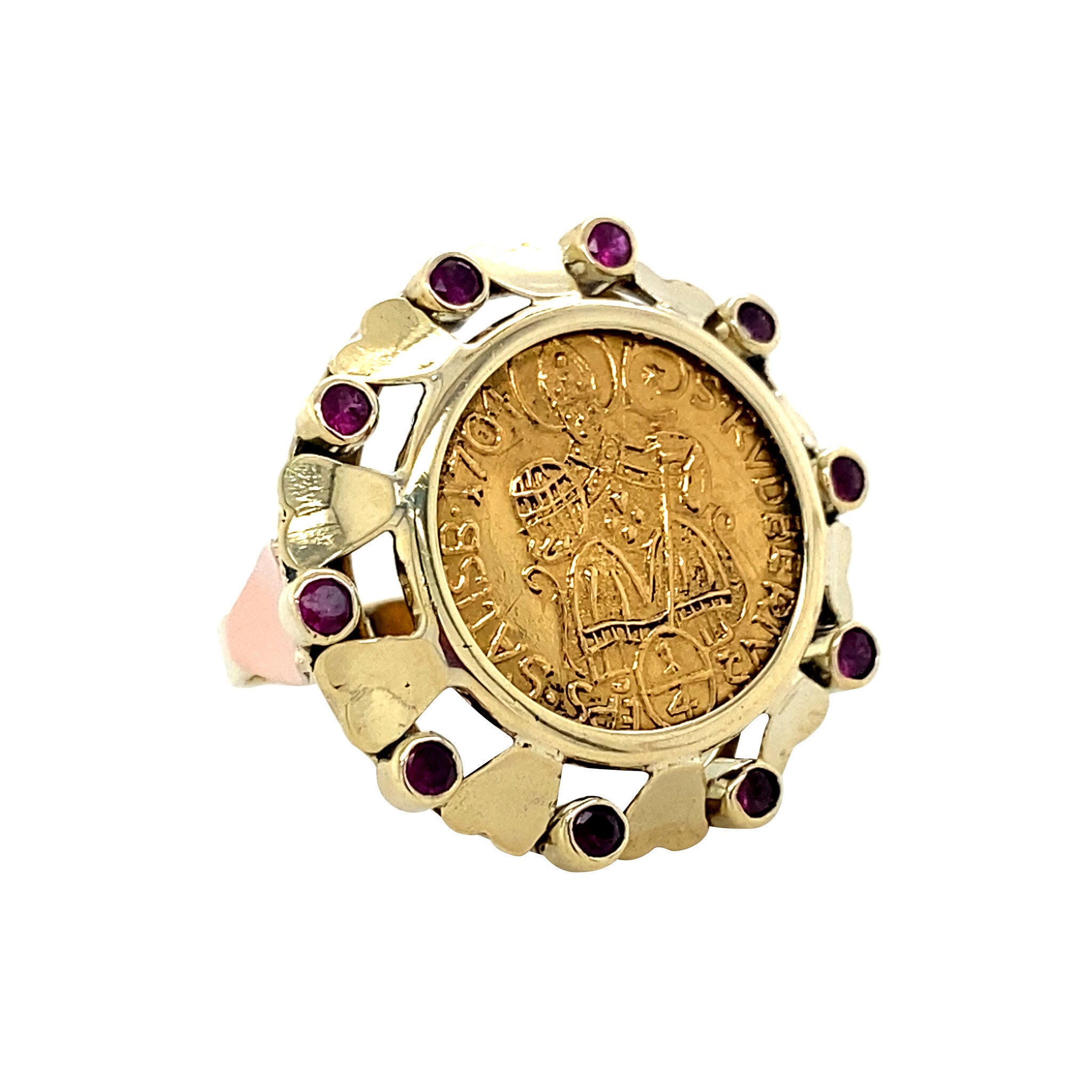 Gold vintage coin ring with ruby, 14 kt