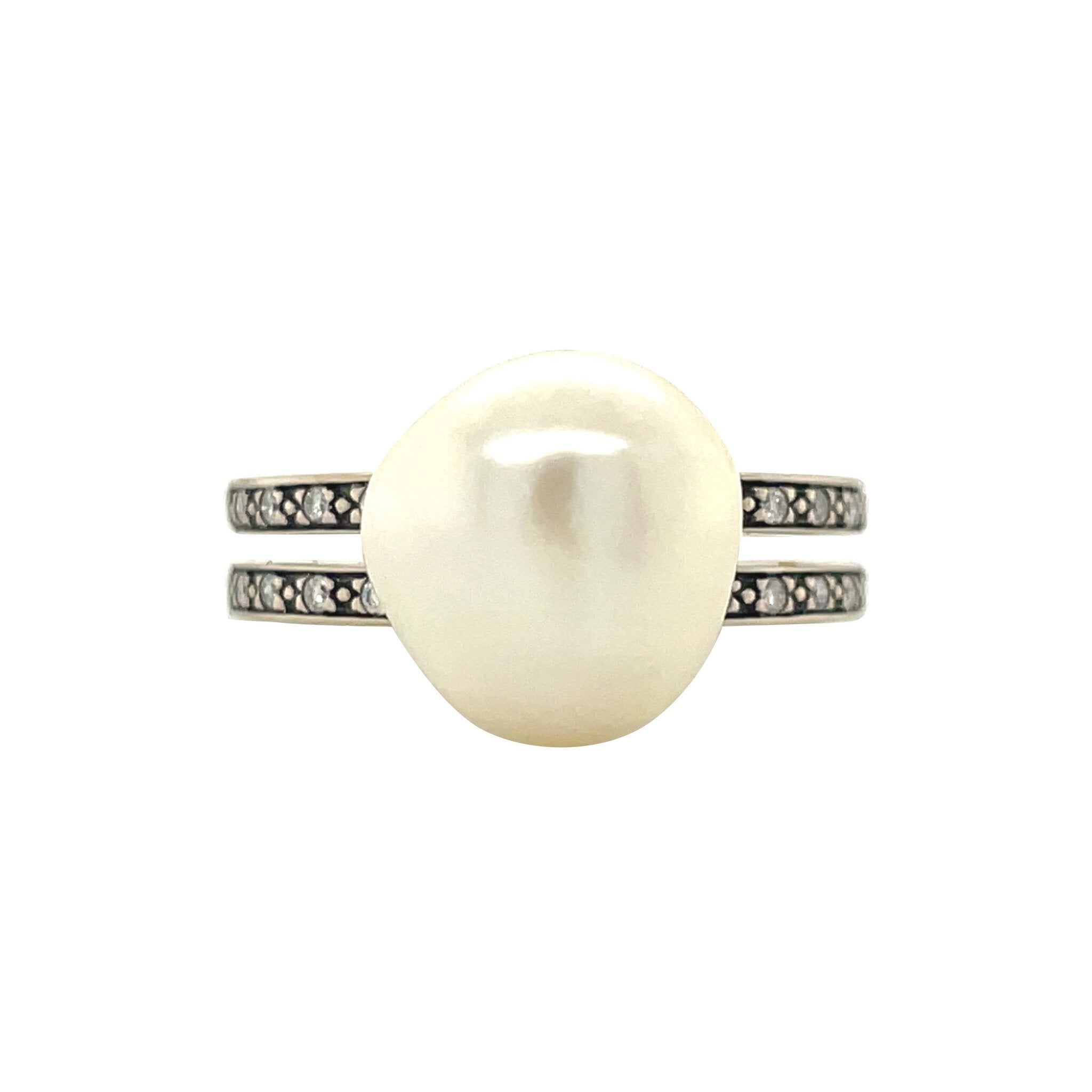 Witgouden vintage ring met parel en diamant 18 kt