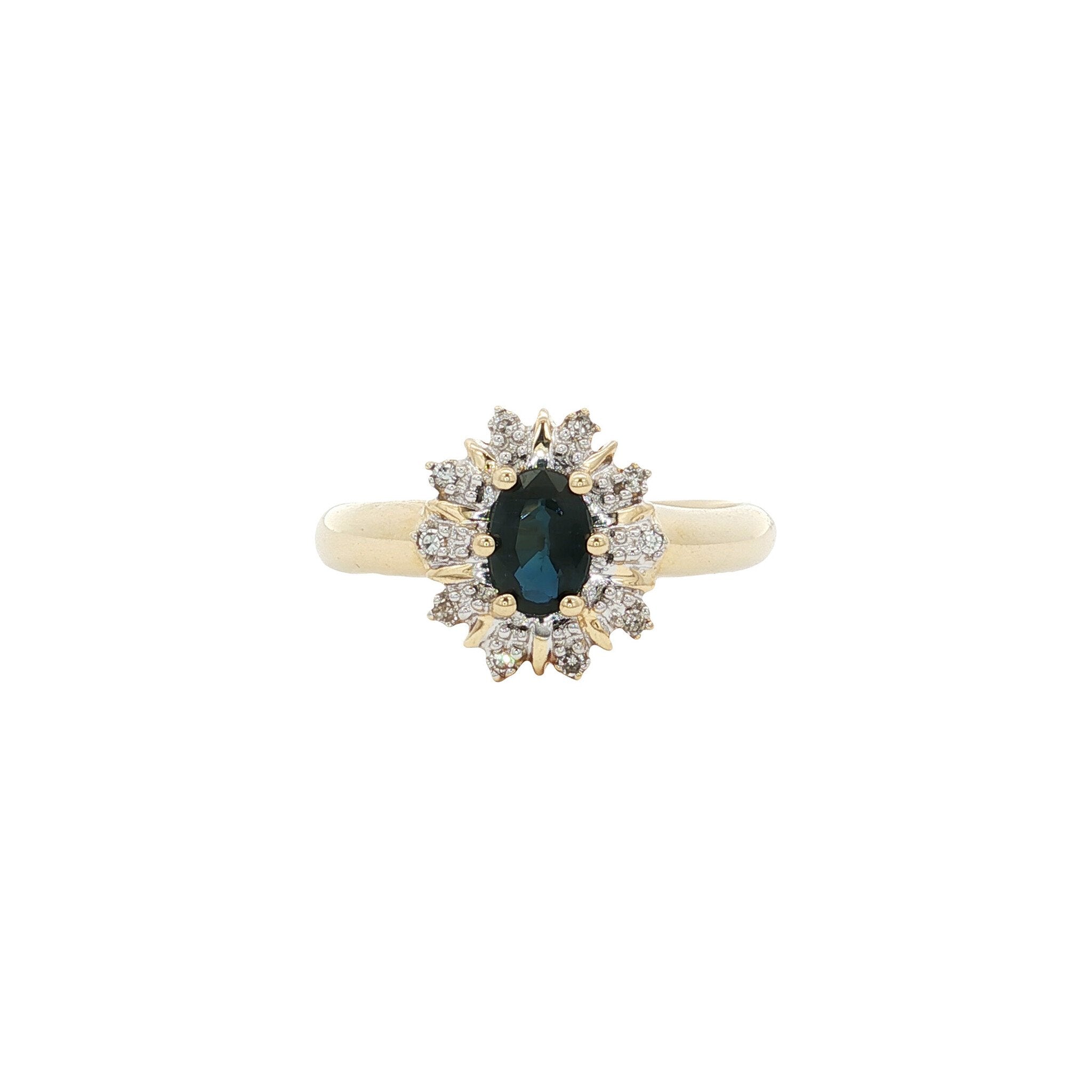 Gouden vintage entourage ring met saffier en diamant 14 kt