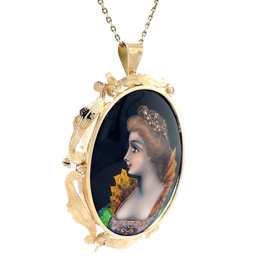 14 kt gold vintage pendant with enamel brooch