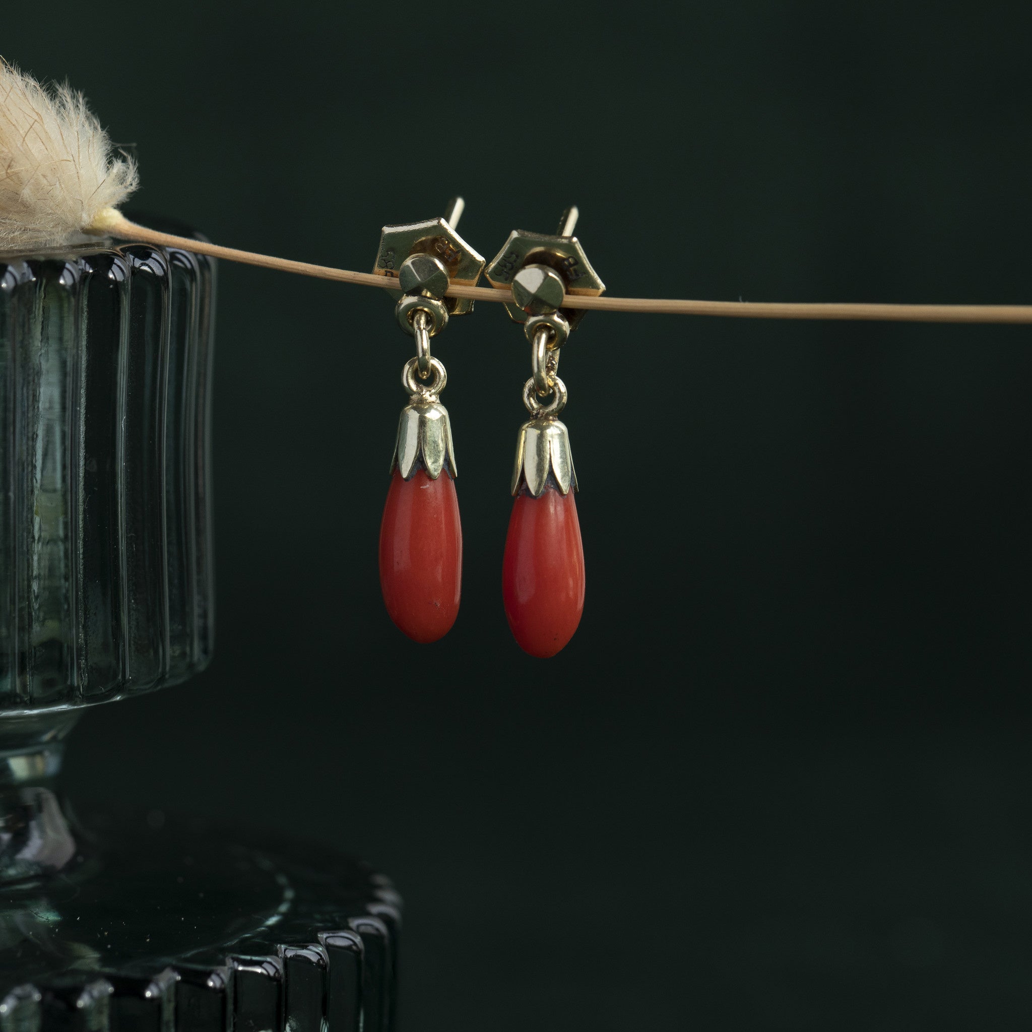 14 kt gold stud earrings with blood coral