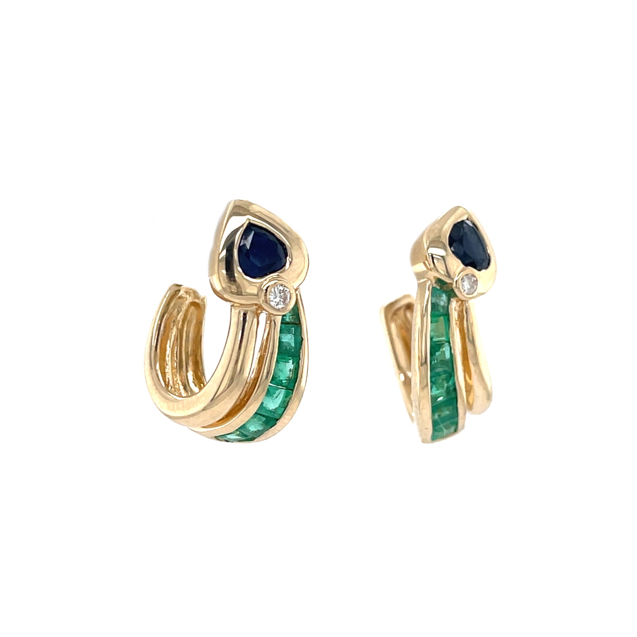Gold vintage ear studs with sapphire, emerald and diamond 14 kt