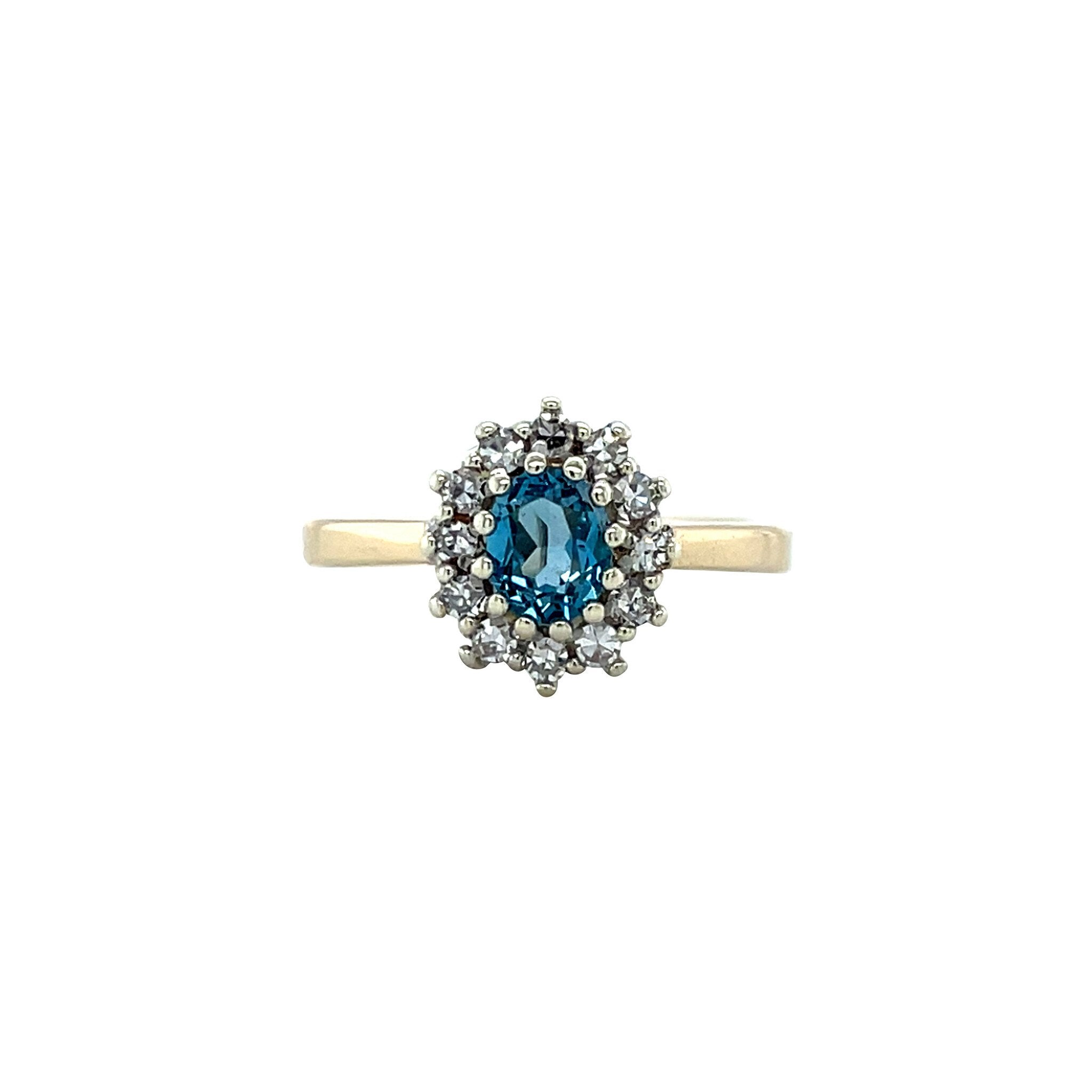 Vintage cluster ring with topaz and diamond, 9 kt gold