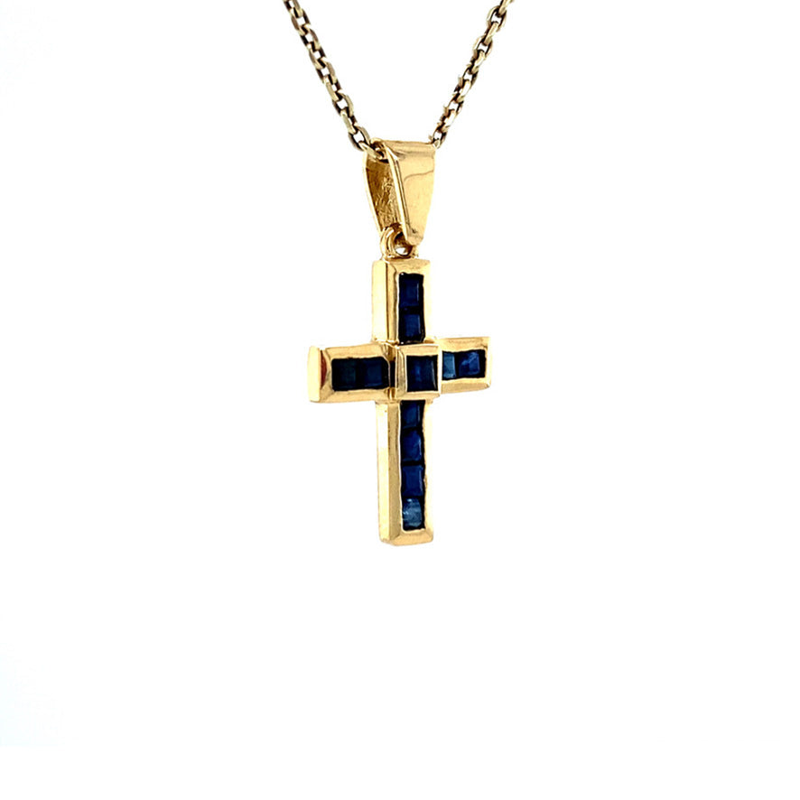 Vintage 18 kt gold cross pendant with sapphire