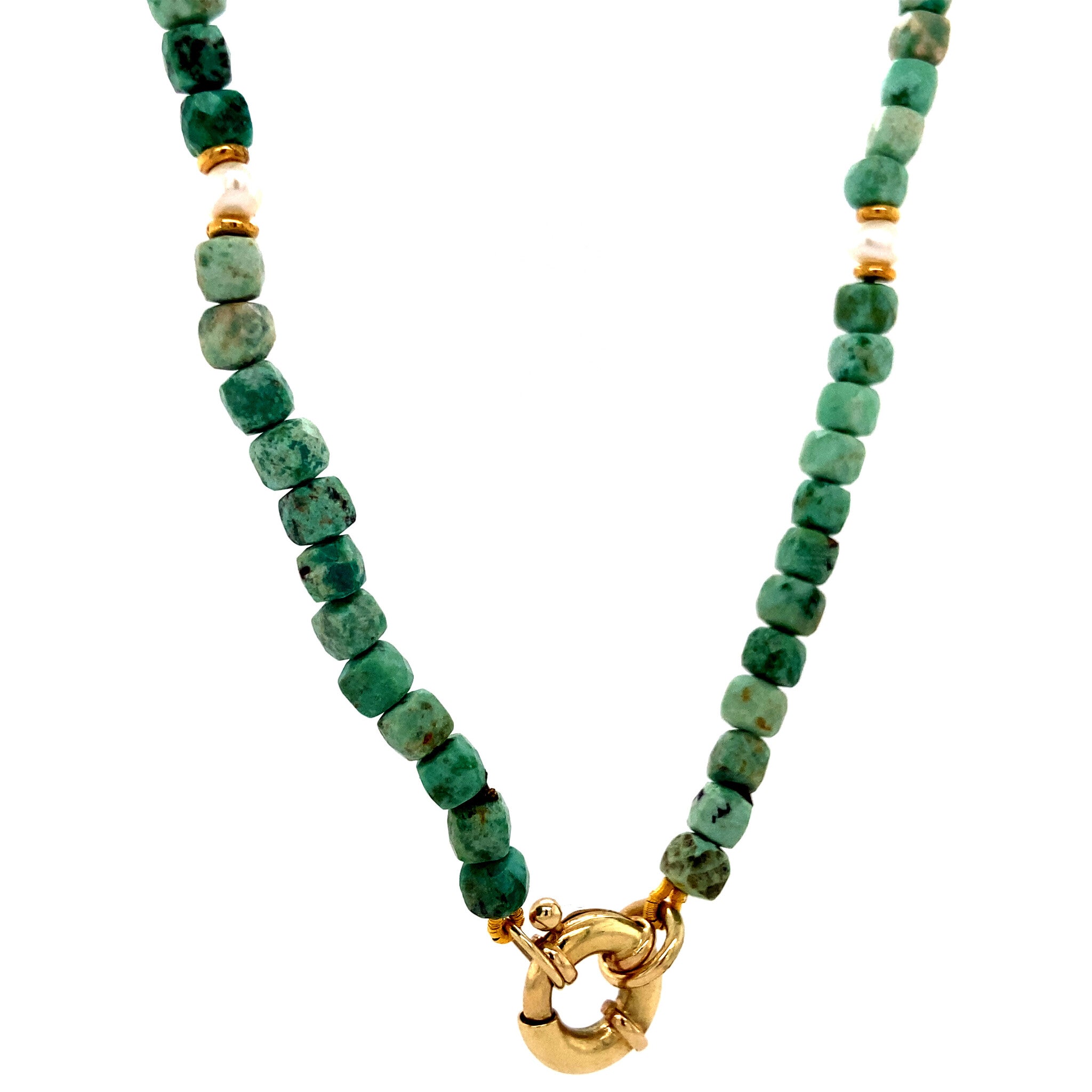 Turquoise necklace with pearl and 14 kt gold clasp
