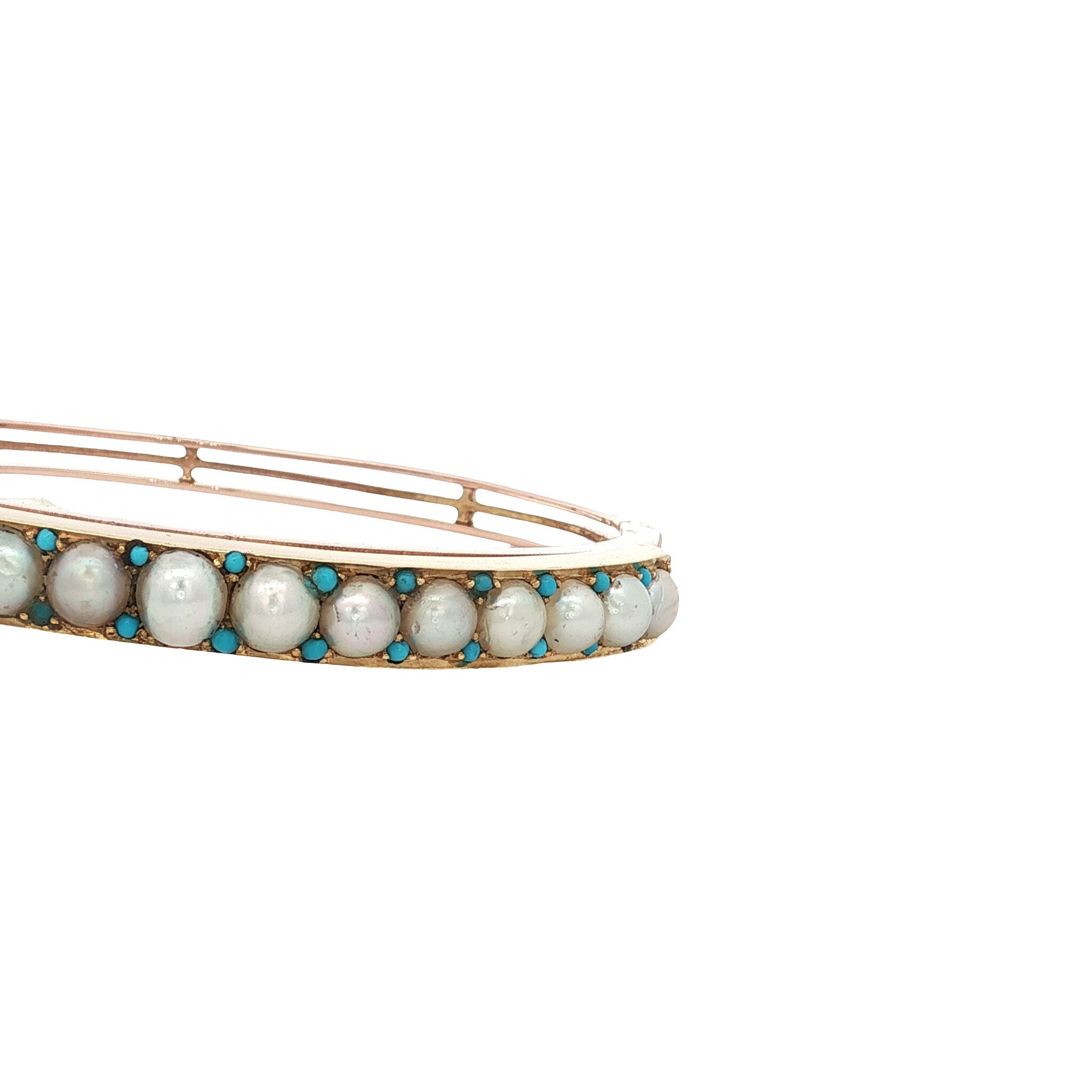 Rose-gold vintage bangle with pearl and turquoise, 14 kt
