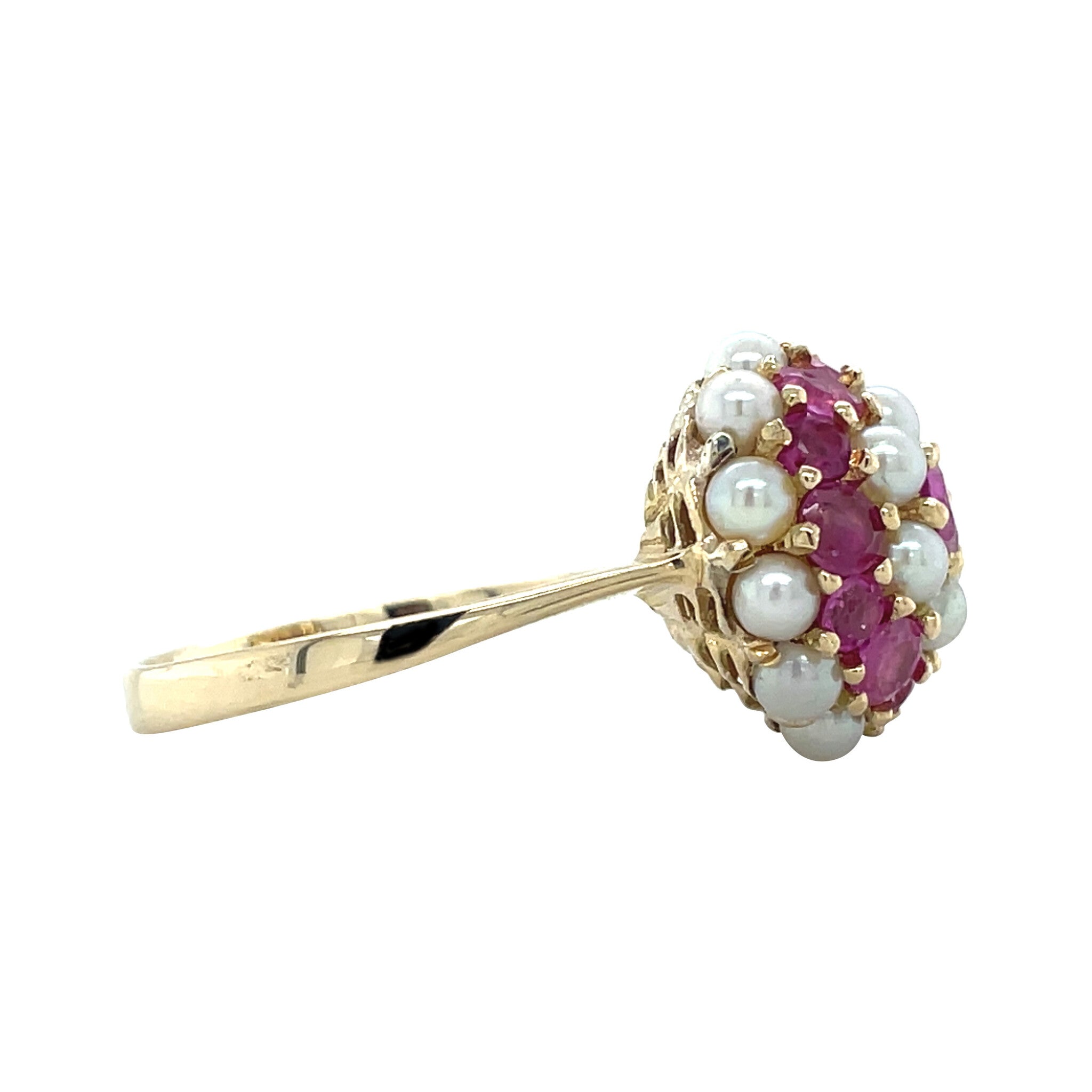 Gold vintage cluster mid century ring ruby and pearl 14 kt