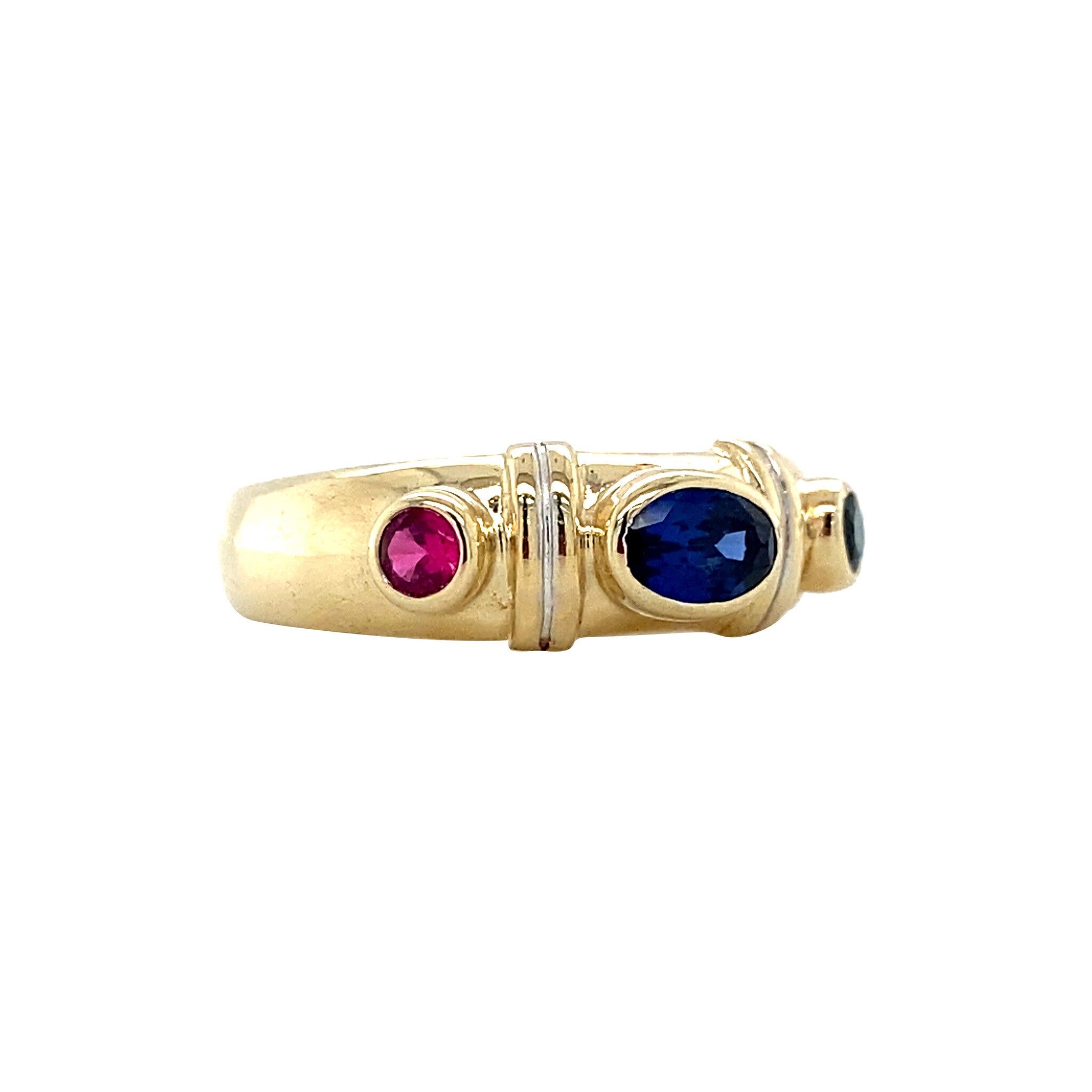 Gold vintage ring with ruby, sapphire and colour stone 14 krt
