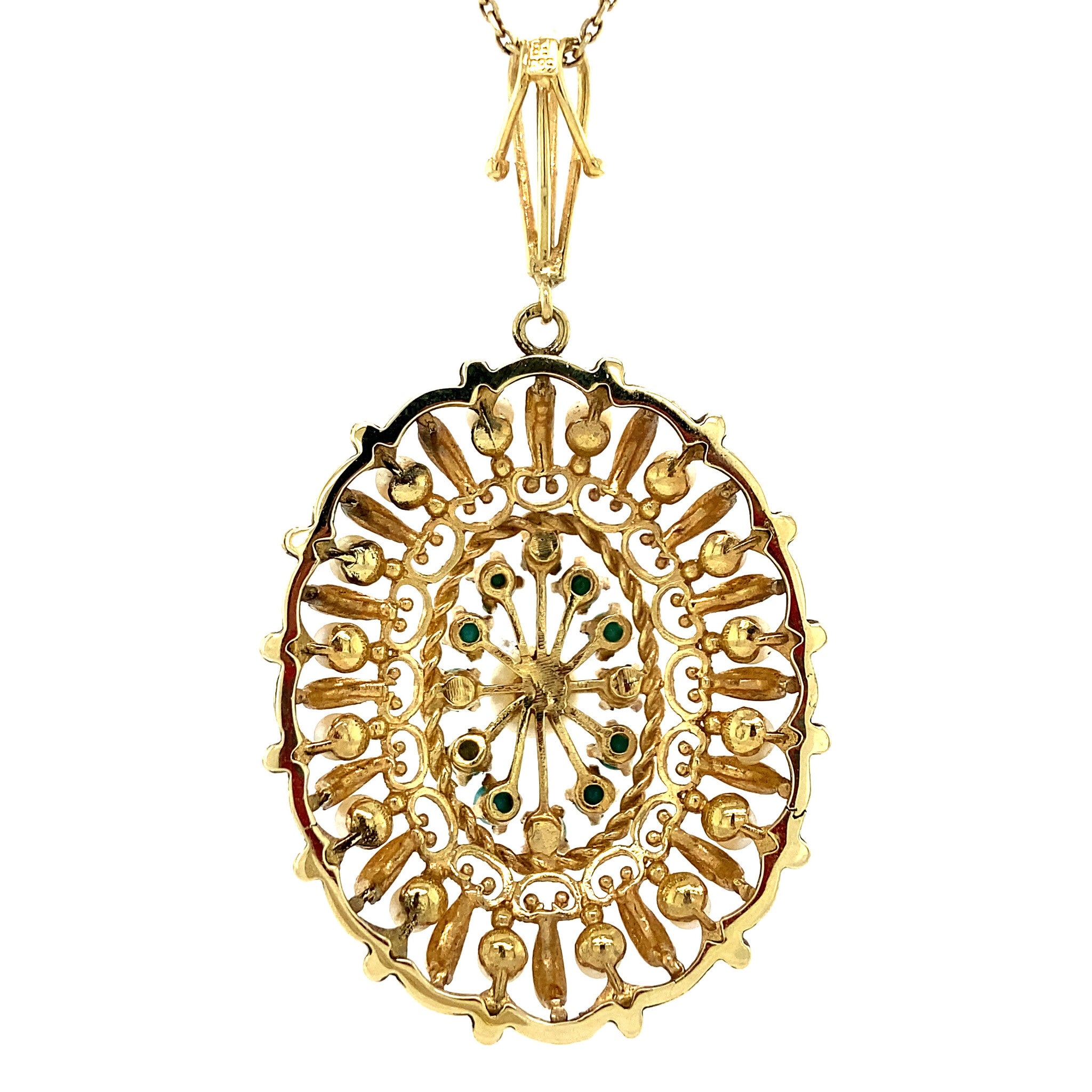 Gouden entourage hanger met parel en turkoois 14 krt