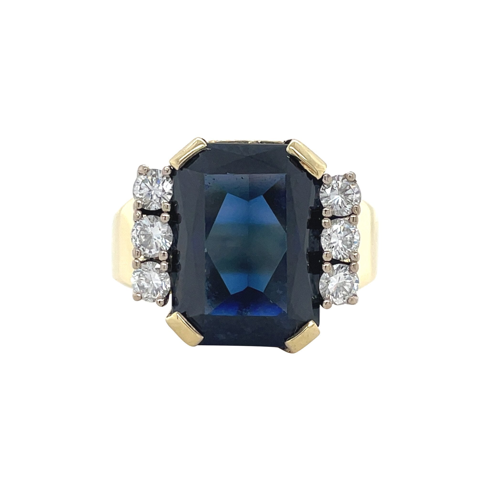 Gouden vintage ring met saffier en diamant 14 krt