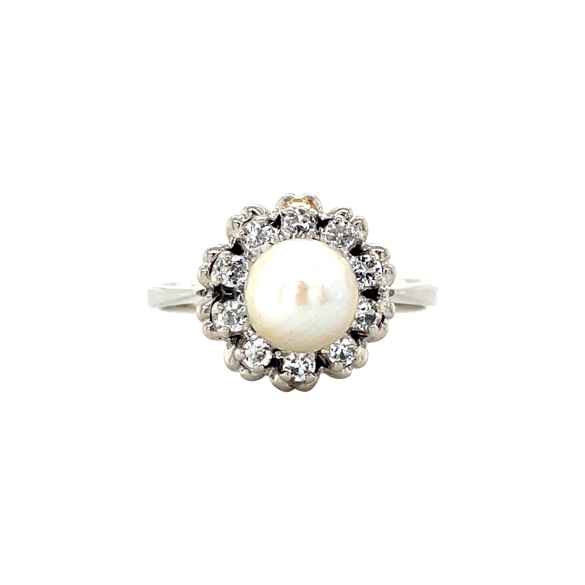 Vintage white gold cluster ring with pearl and spinel, 18 kt