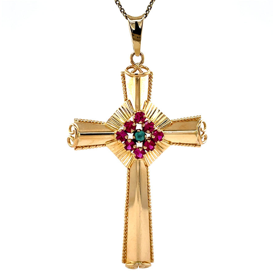 Vintage gold cross pendant with ruby and turquoise, 18 kt