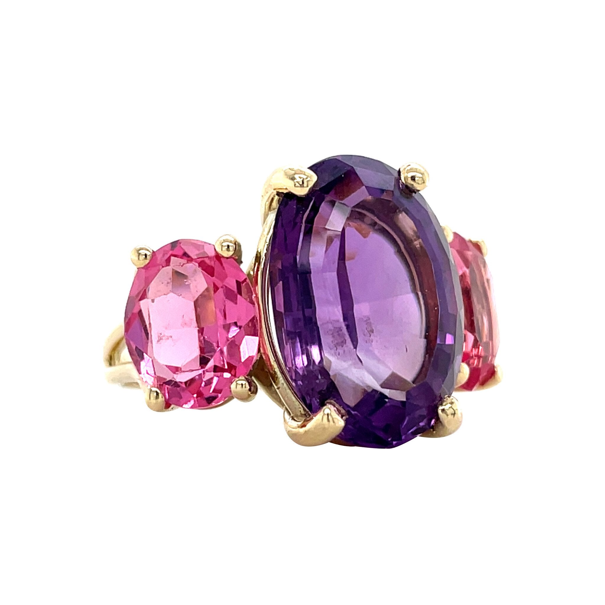 Gouden vintage ring met amethist en kleursteen 14 krt