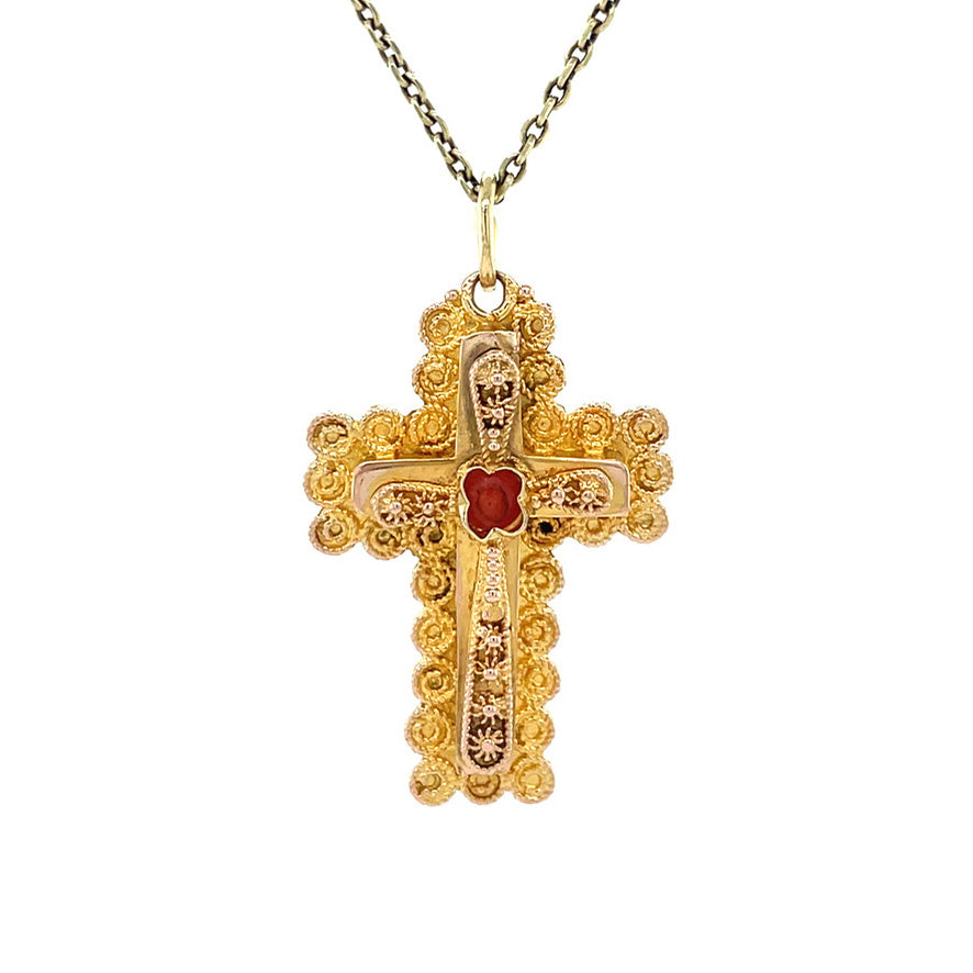 14 kt vintage gold cross pendant with colored gemstone