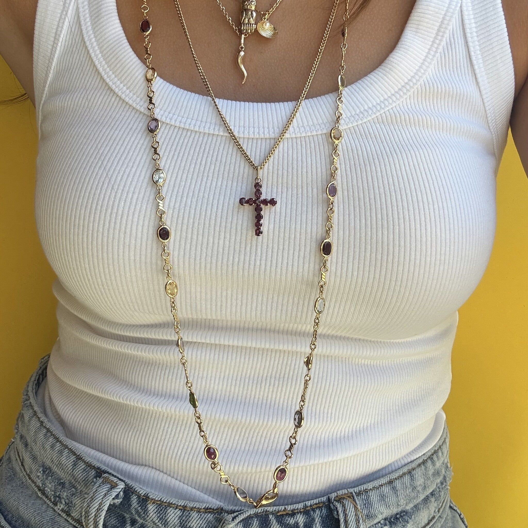 Gold vintage necklace with topaz, citrine, garnet, amethyst and peridot 18 kt