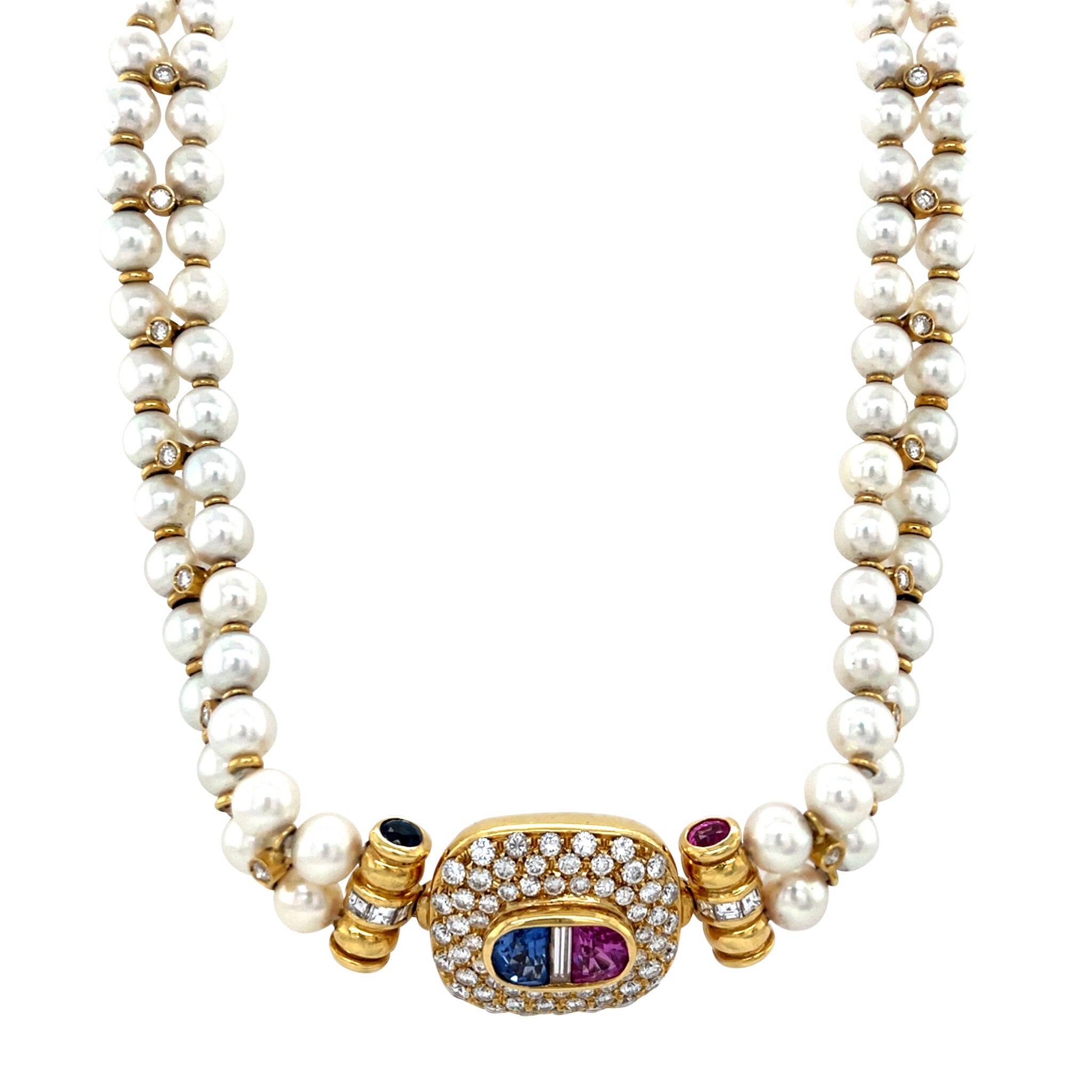 Vintage parel collier met gouden sluiting met saffier en diamant 18 kt