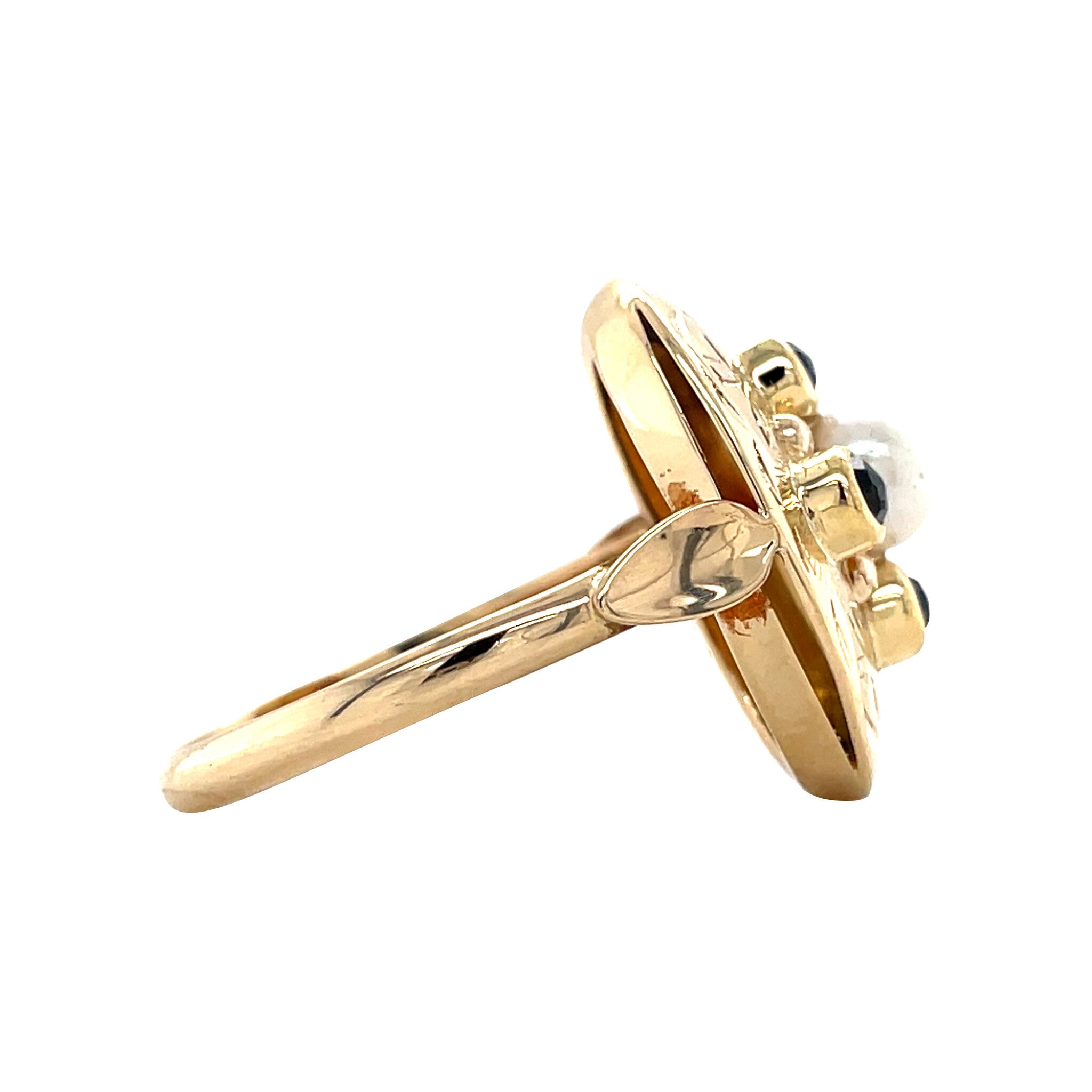 Gouden vintage entourage ring met parel en granaat 14 krt