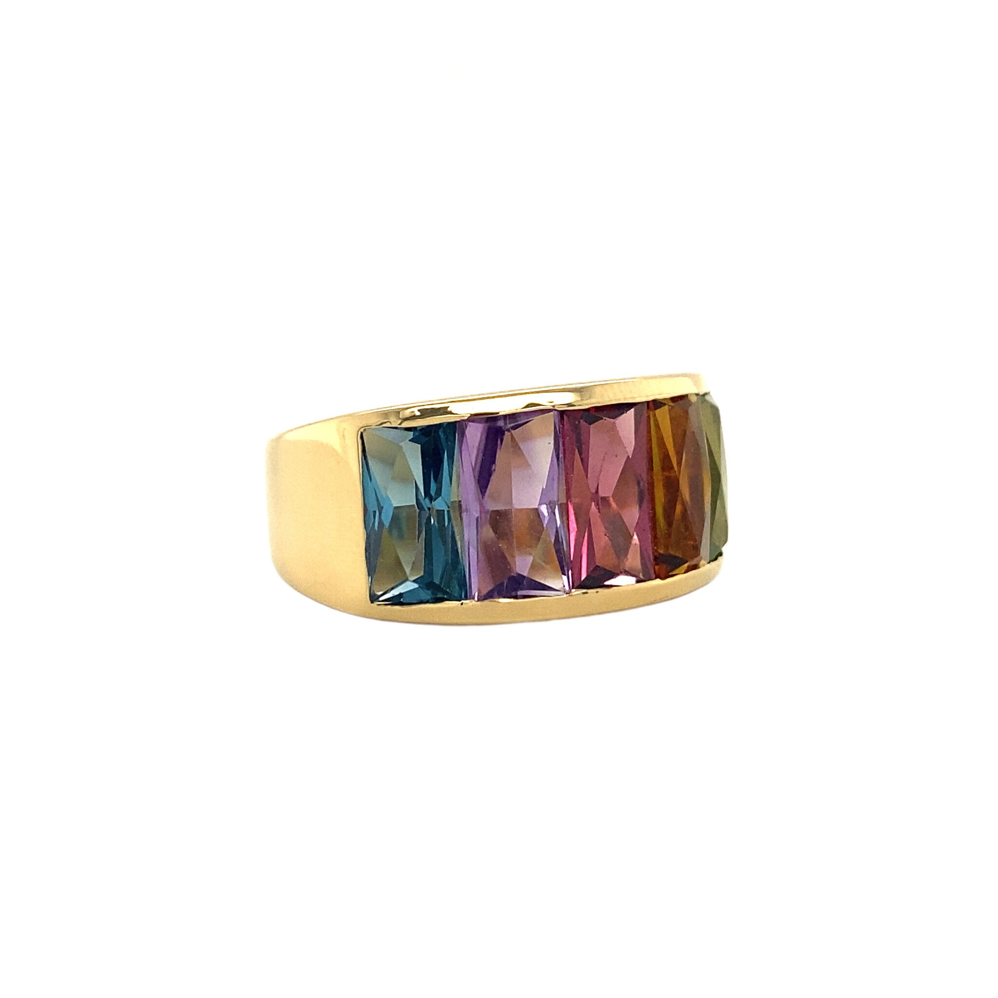 18 kt gold ring with colored sapphires