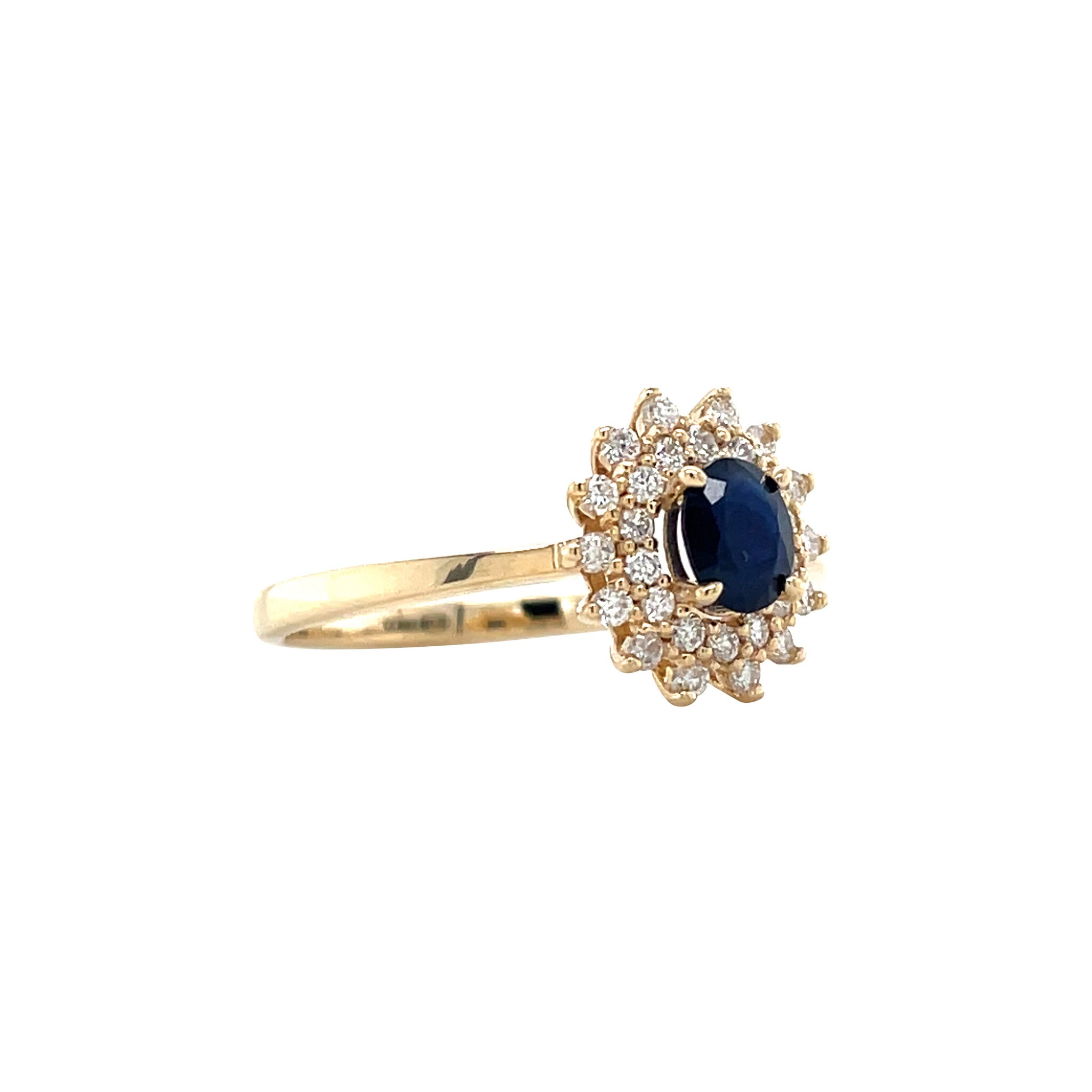 Vintage gold double-halo ring with sapphire and diamond, 14 kt