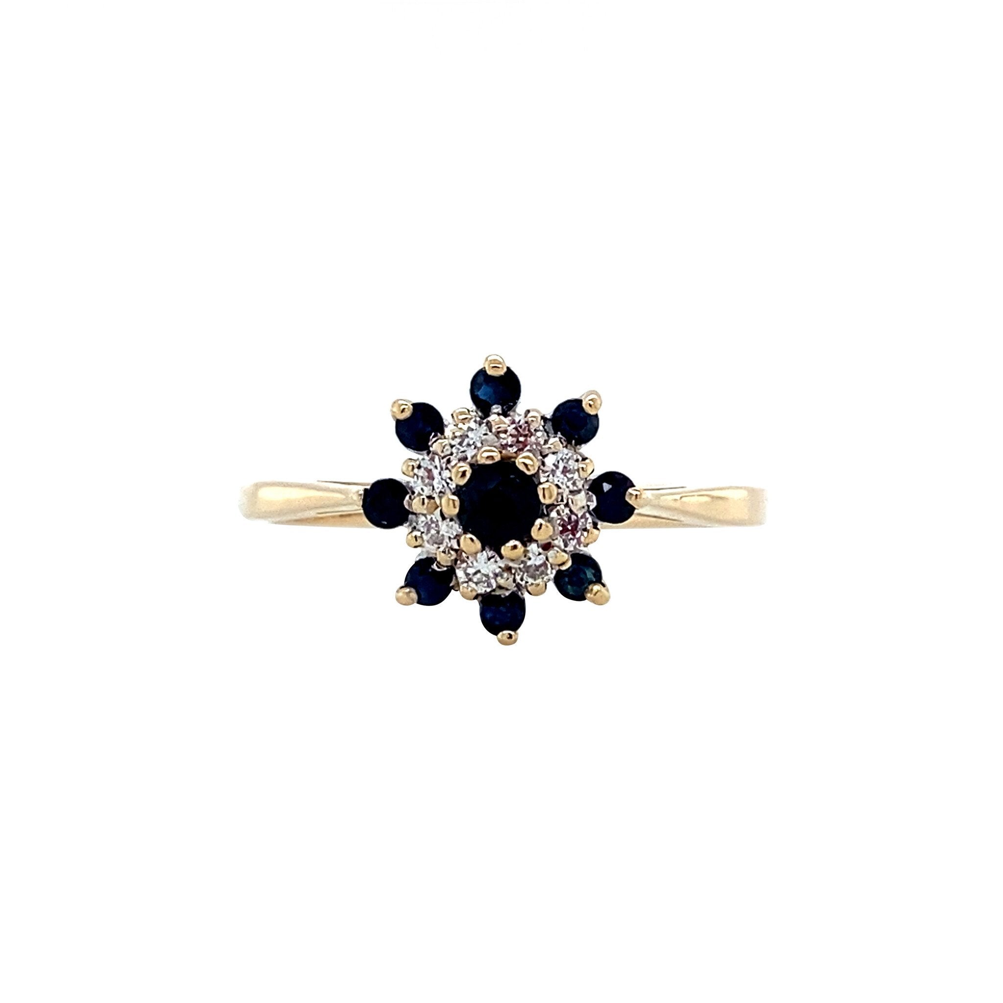 Gold vintage cluster ring with sapphire and diamond, 14 kt