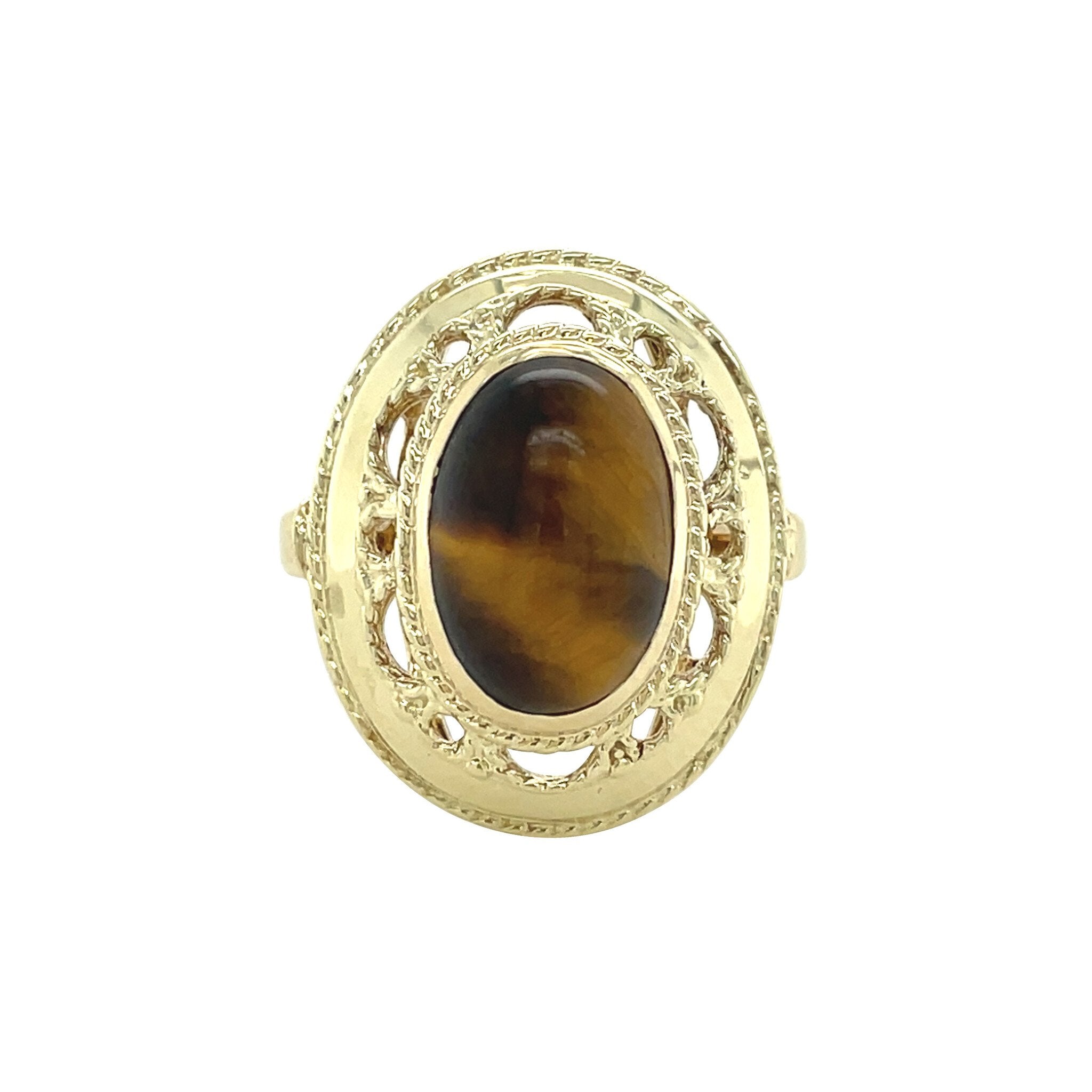 Gouden vintage ring met tijgeroog 14 kt