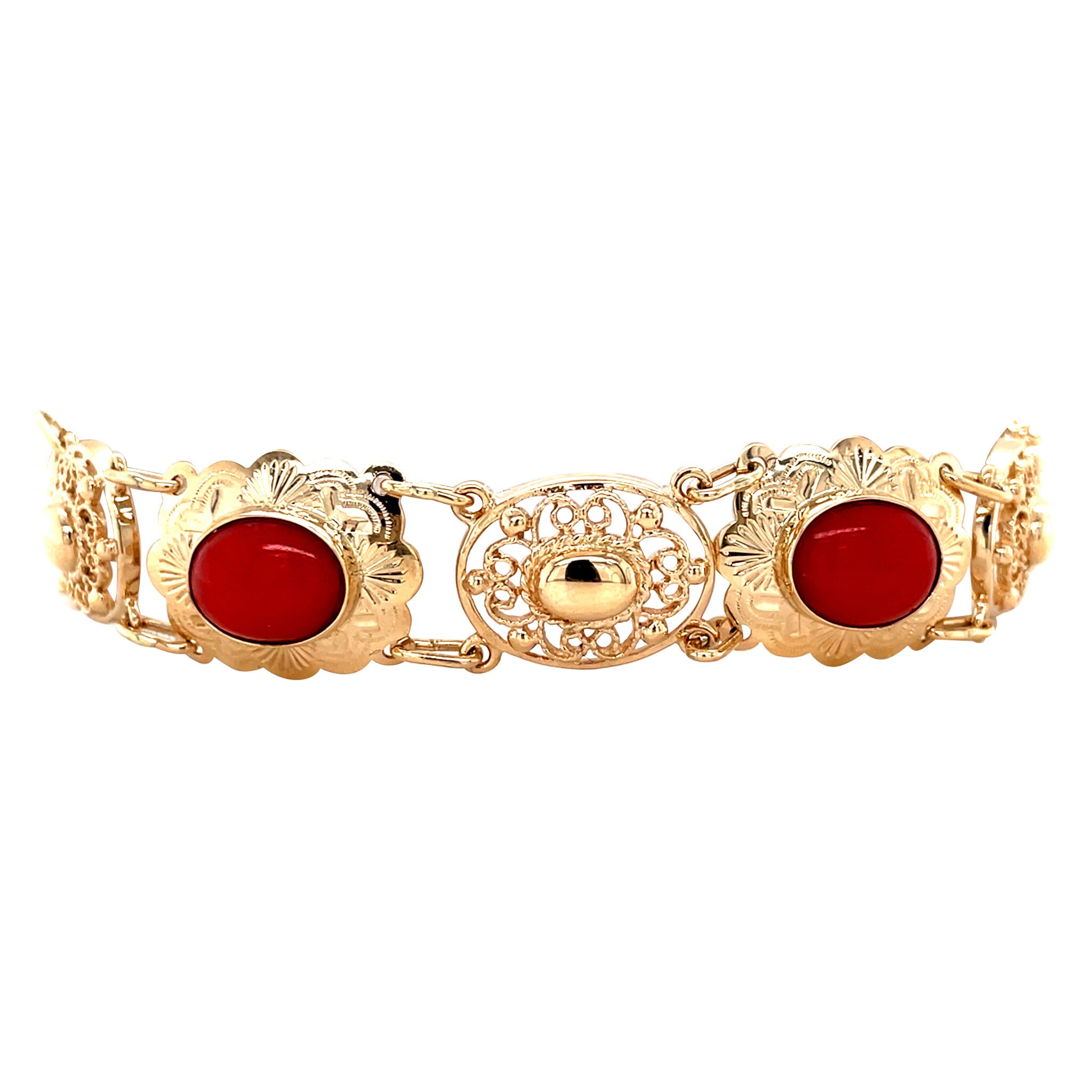 Gouden vintage bootjes armband met bloedkoraal 14 krt