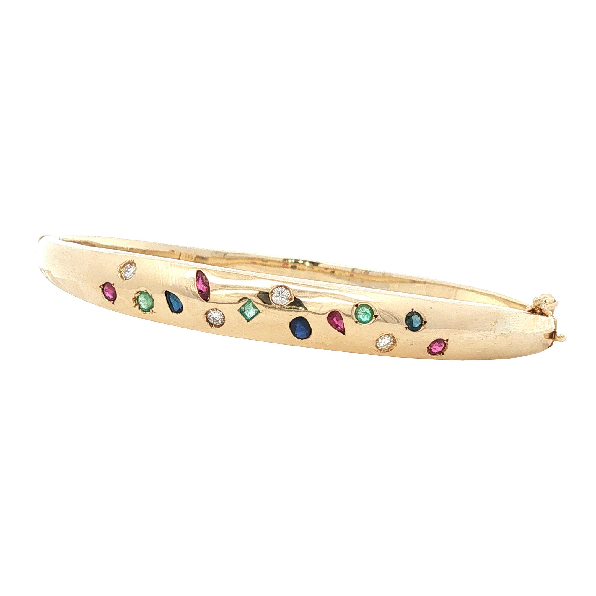 Vintage bangle met robijn, saffier, smaragd en diamant 12 kt