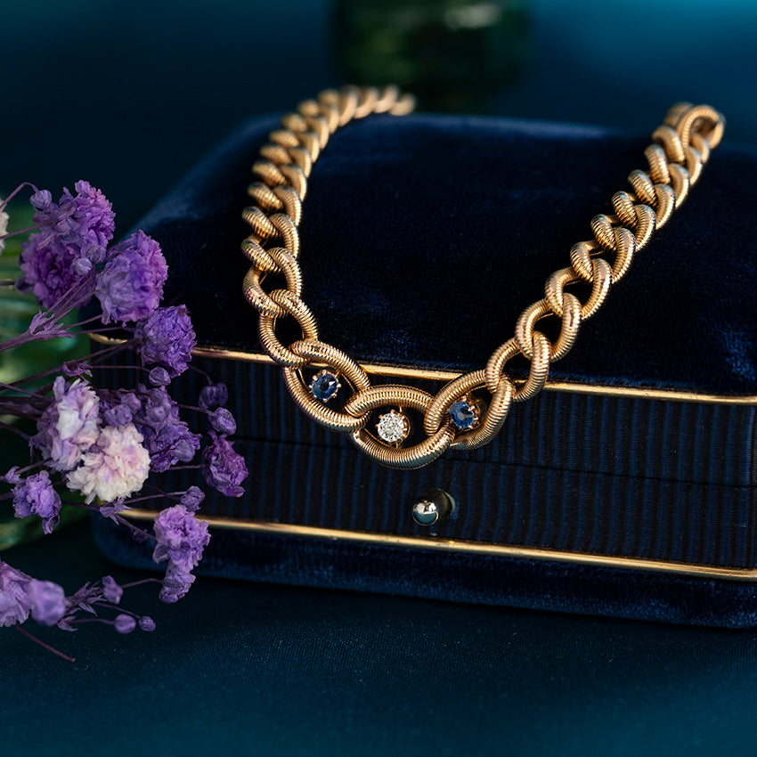 Vintage rose gold curb-link bracelet with sapphire and diamond, 14 kt