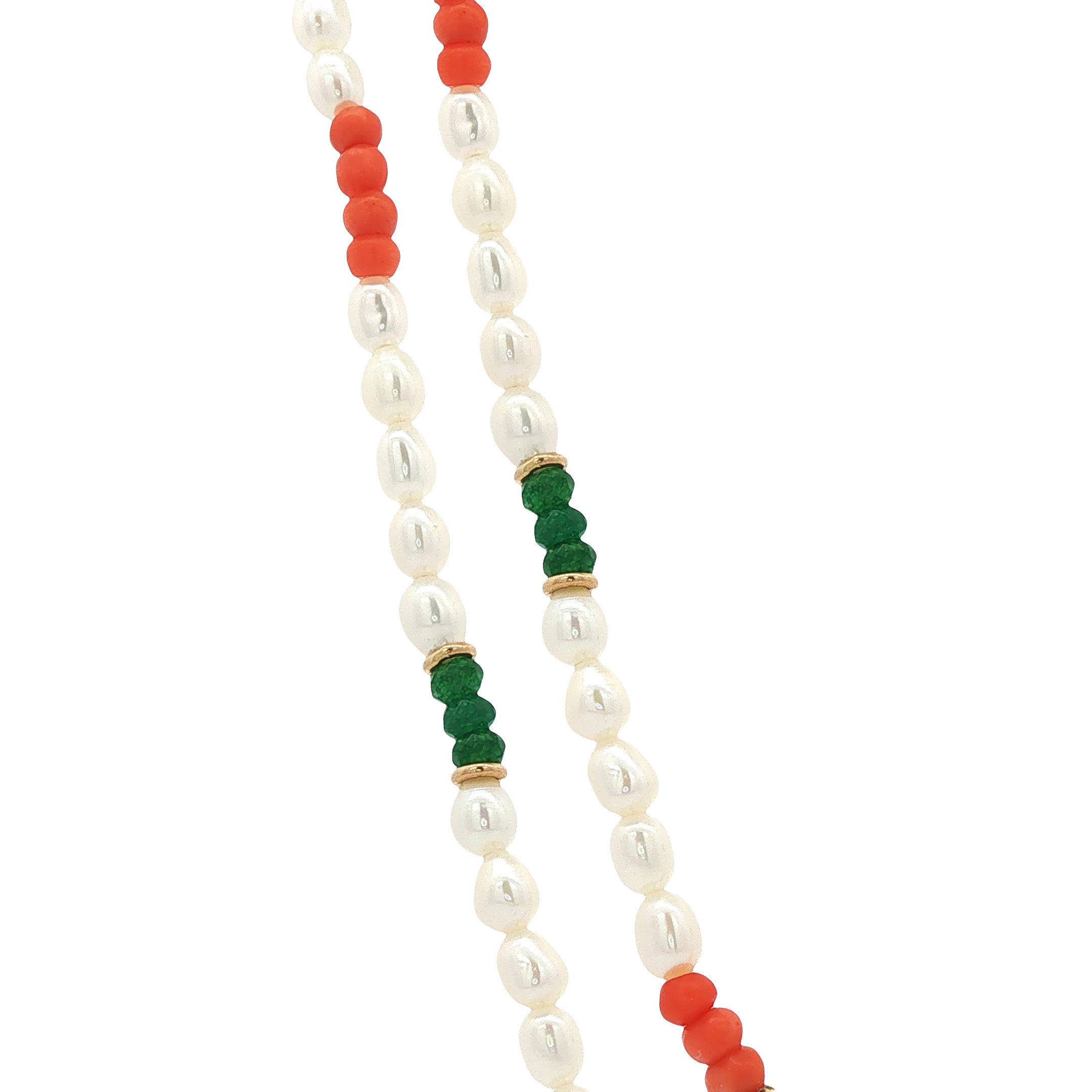 Vintage parel, bloedkoraal en agaat collier met gouden sluiting 14 kt